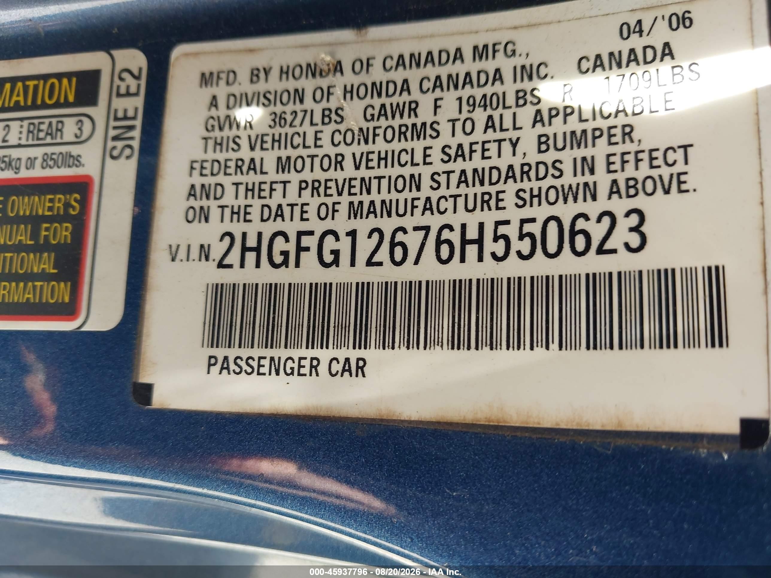2006 Honda Civic Lx Blue vin: 2HGFG12676H550623