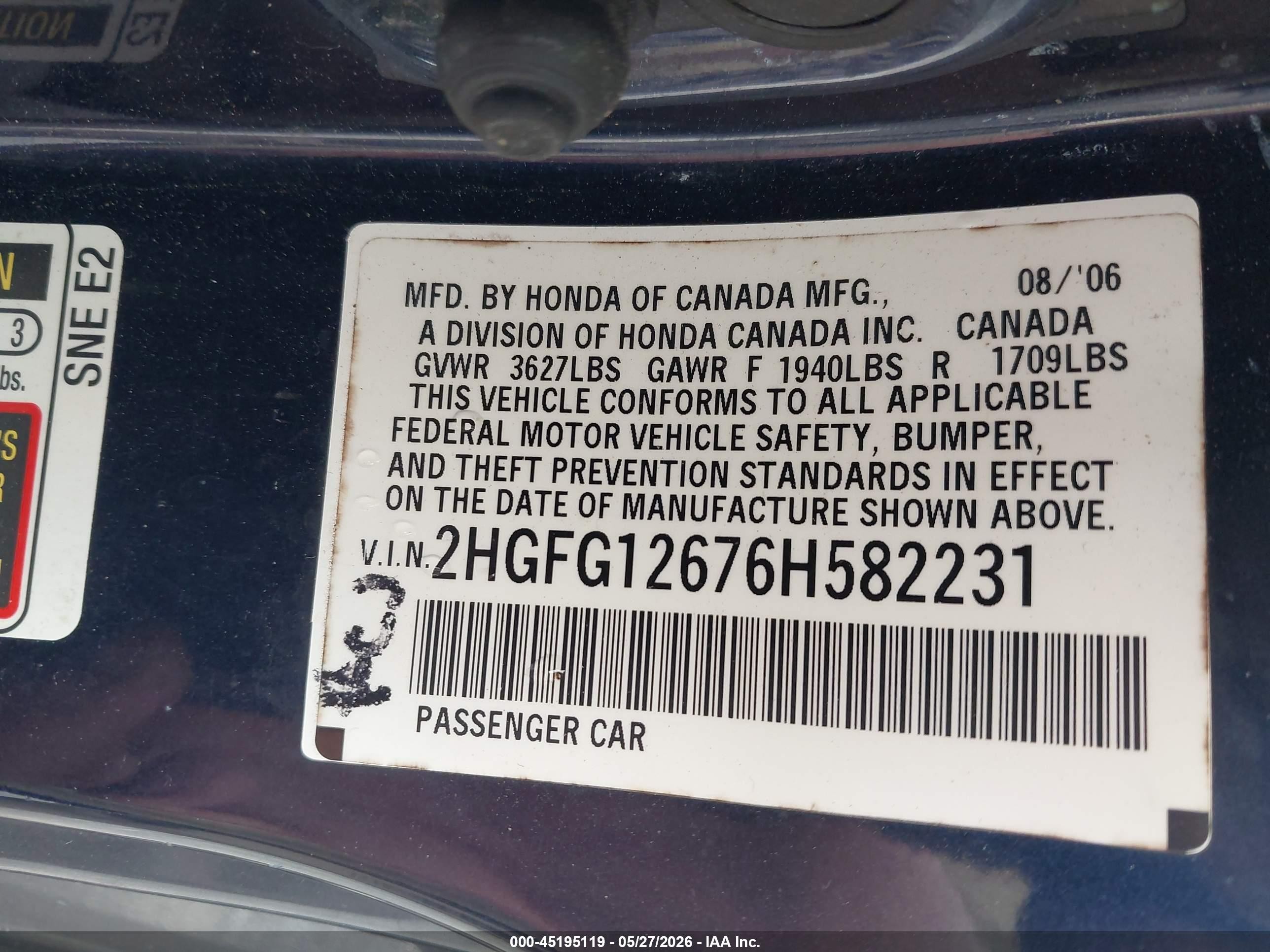 2006 Honda Civic Lx Blue vin: 2HGFG12676H582231