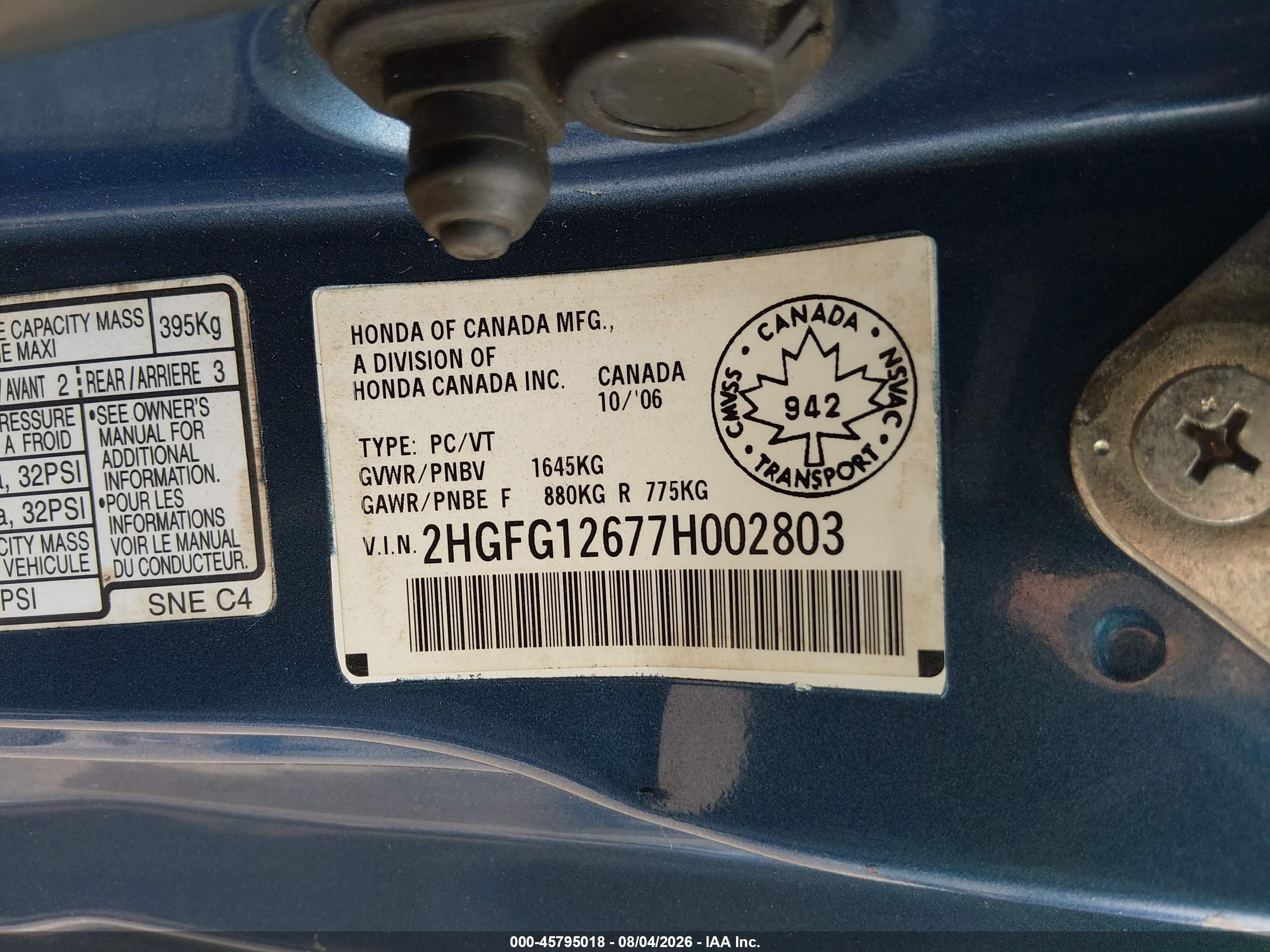 2007 Honda Civic Lx Blue vin: 2HGFG12677H002803