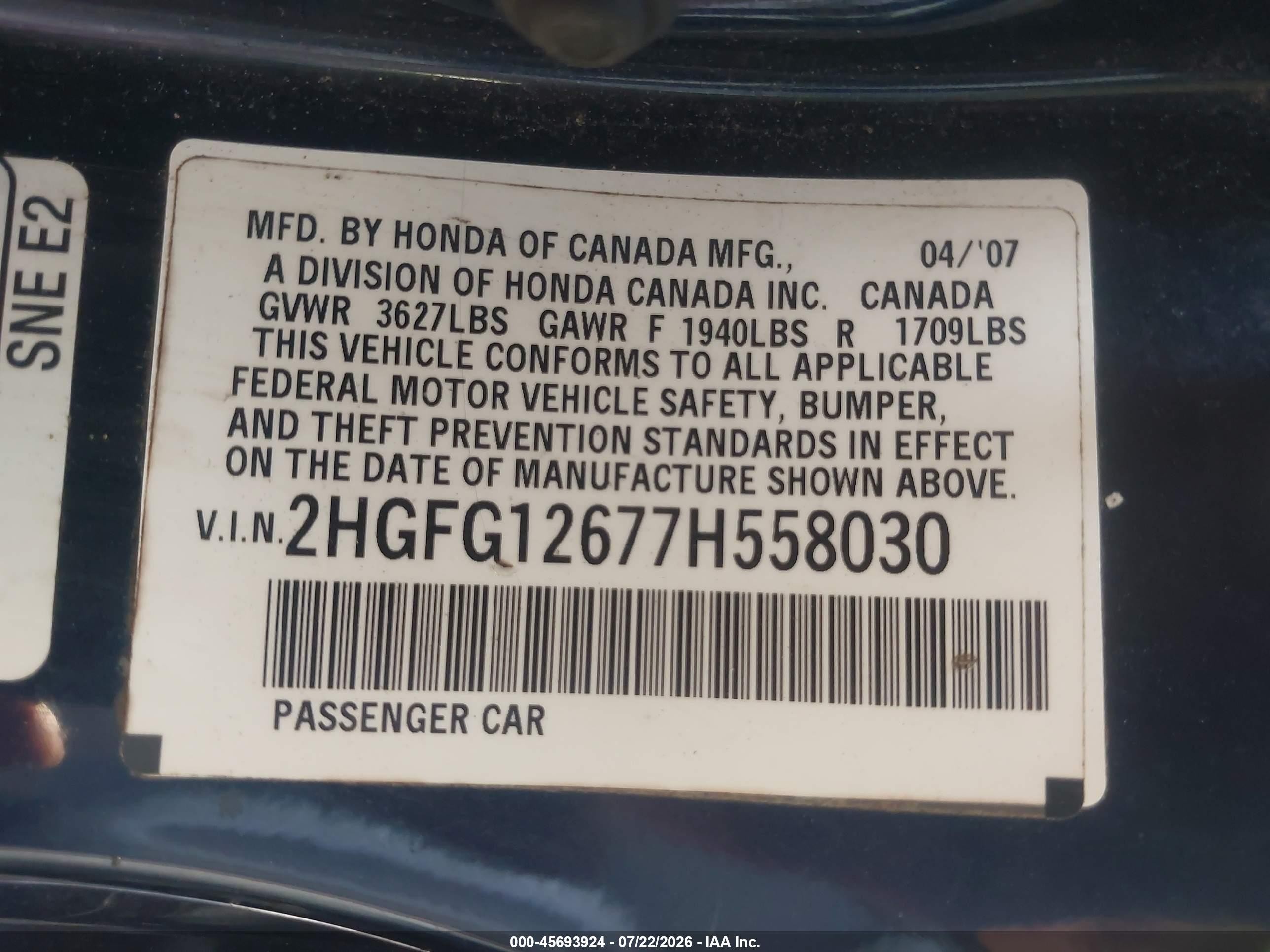 2007 Honda Civic Lx Blue vin: 2HGFG12677H558030