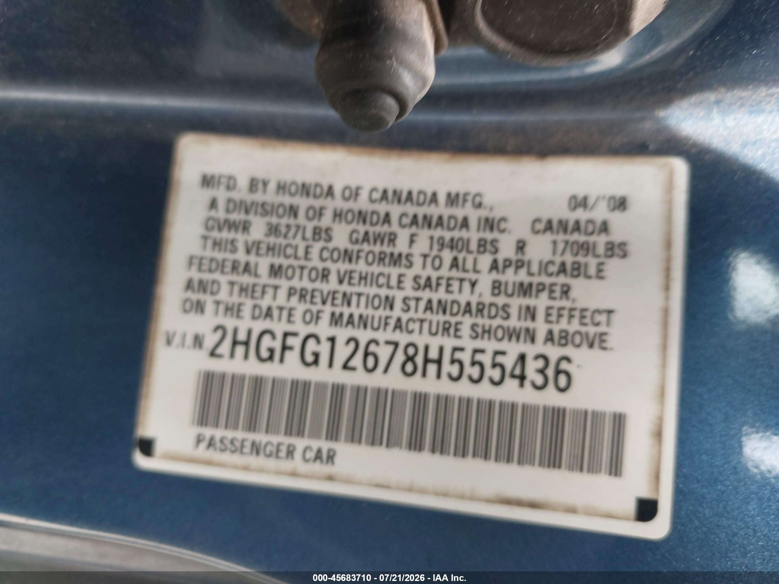 2008 Honda Civic Lx Синий vin: 2HGFG12678H555436