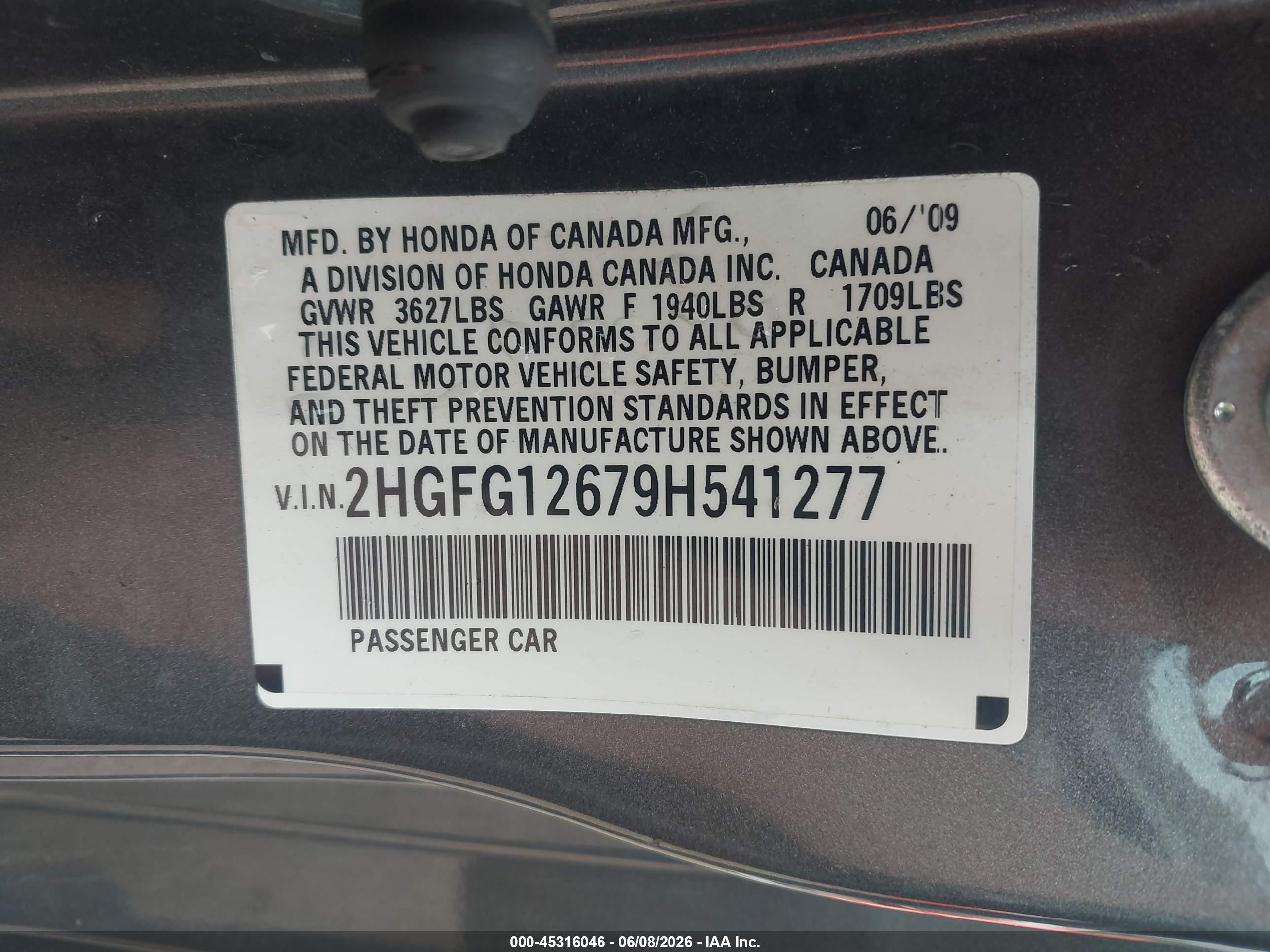 2009 Honda Civic Lx Gray vin: 2HGFG12679H541277