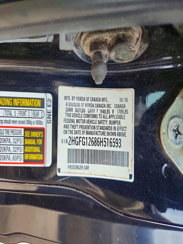 2006 Honda Civic Lx Black vin: 2HGFG12686H516593