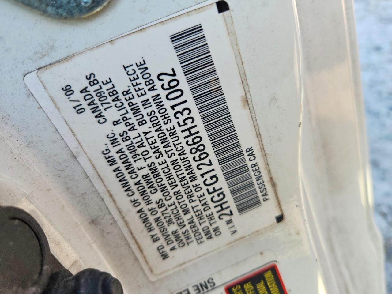 2006 Honda Civic Lx White vin: 2HGFG12686H531062