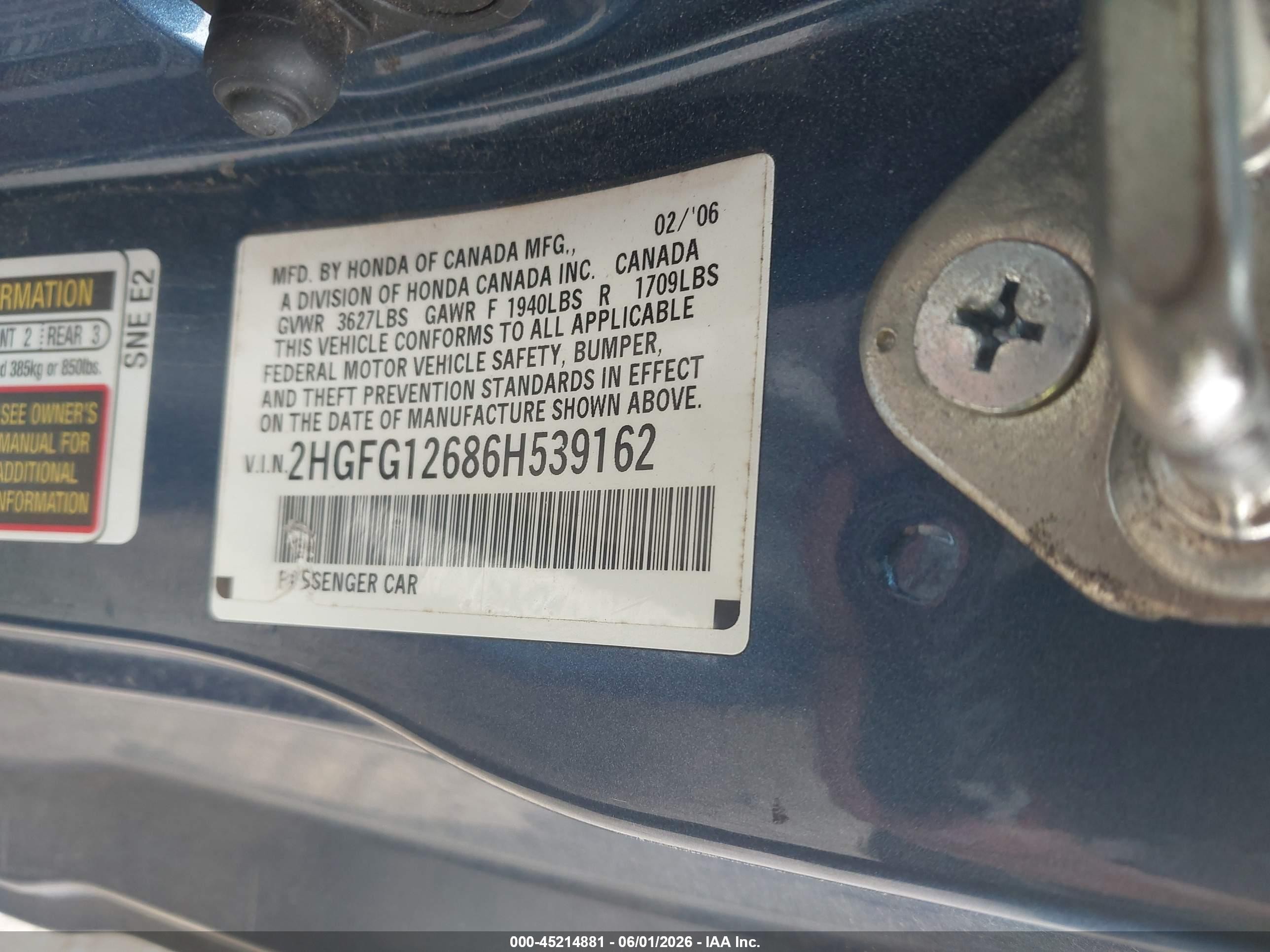2006 Honda Civic Lx Blue vin: 2HGFG12686H539162