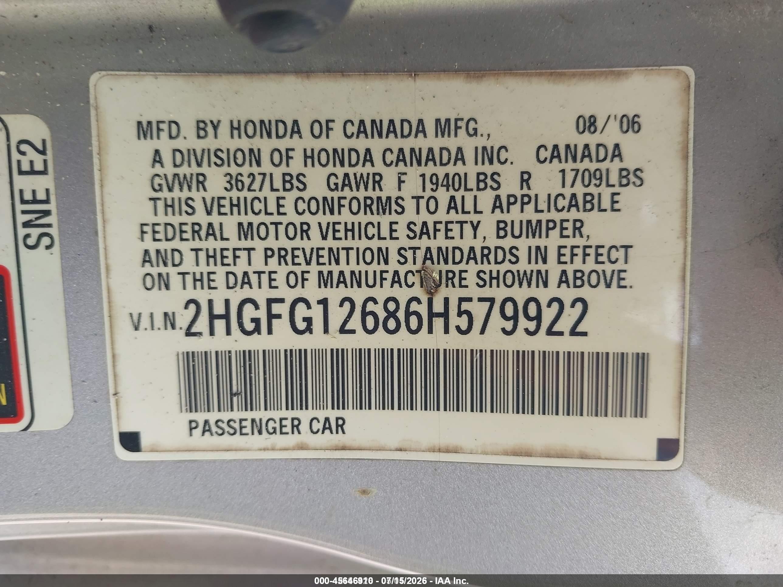 2006 Honda Civic Lx Red vin: 2HGFG12686H579922