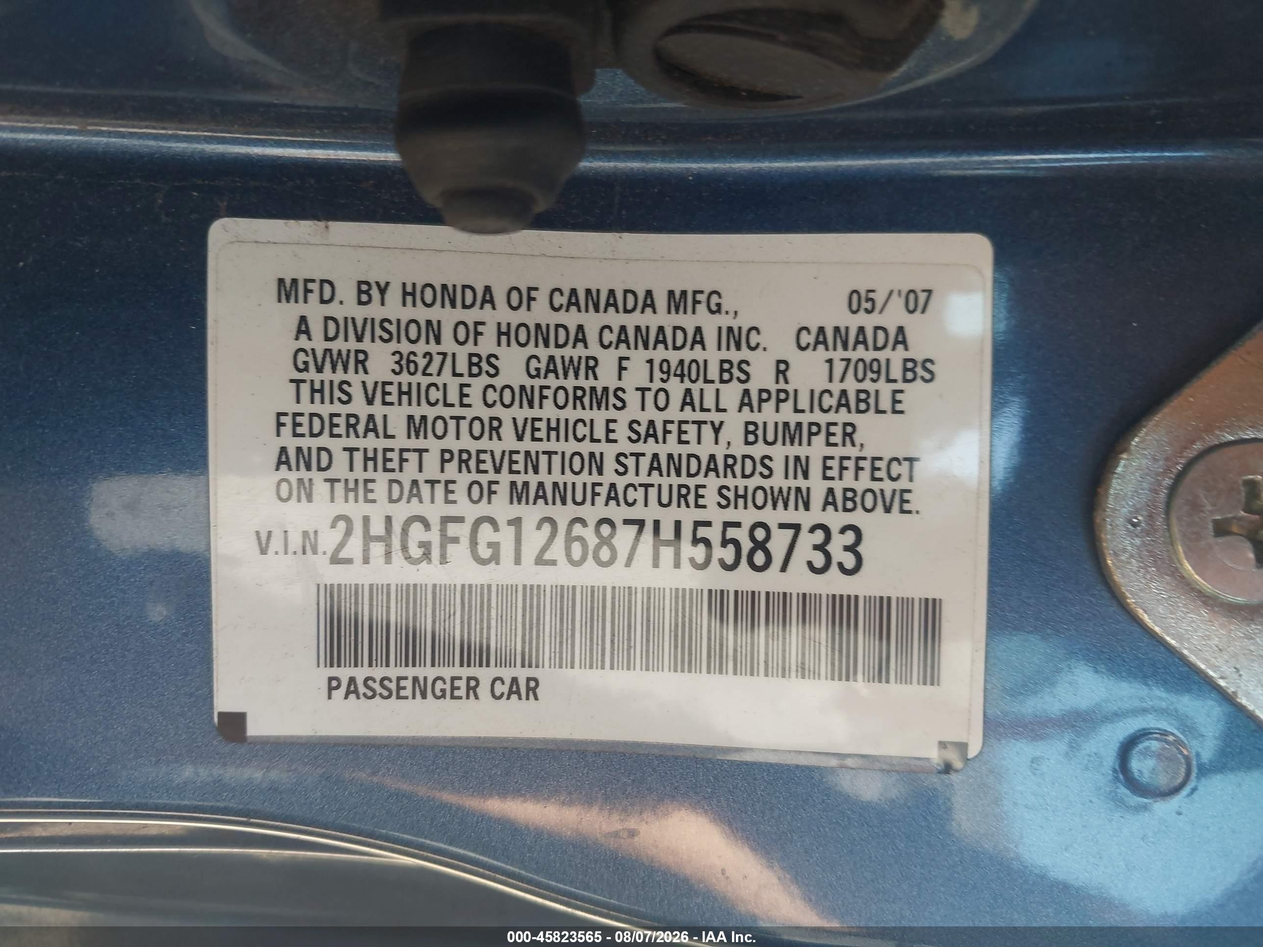 2007 Honda Civic Lx Blue vin: 2HGFG12687H558733