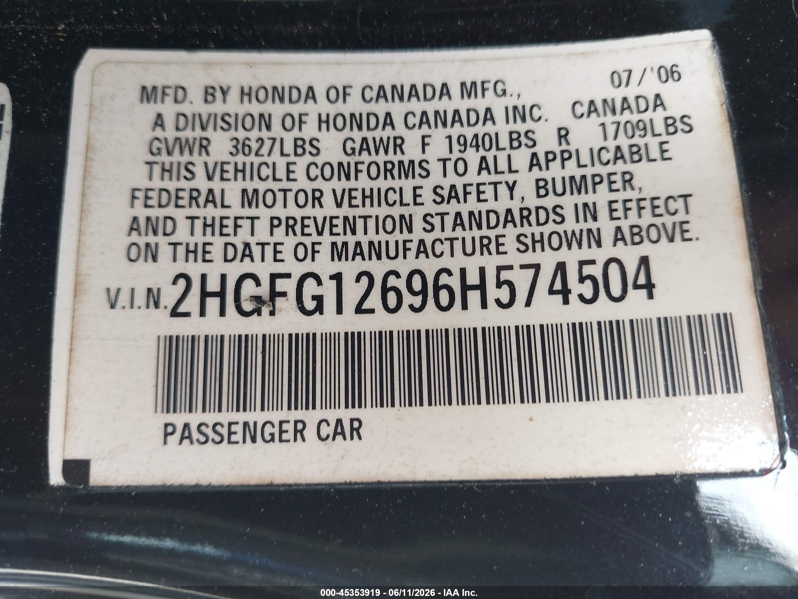 2006 Honda Civic Lx Black vin: 2HGFG12696H574504