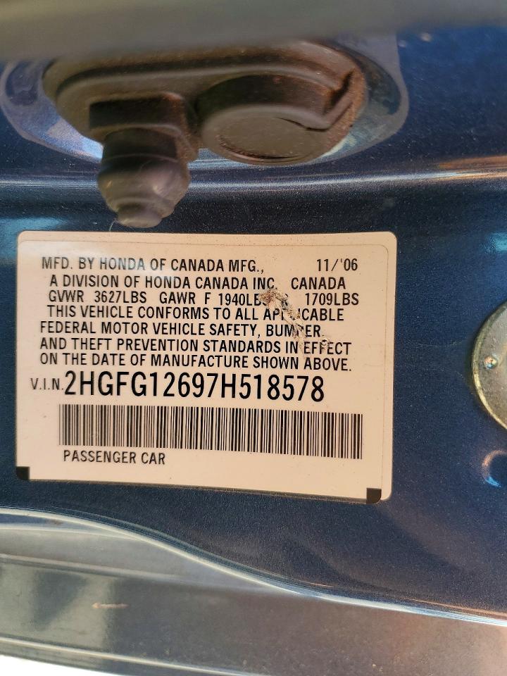 2007 Honda Civic Lx Blue vin: 2HGFG12697H518578