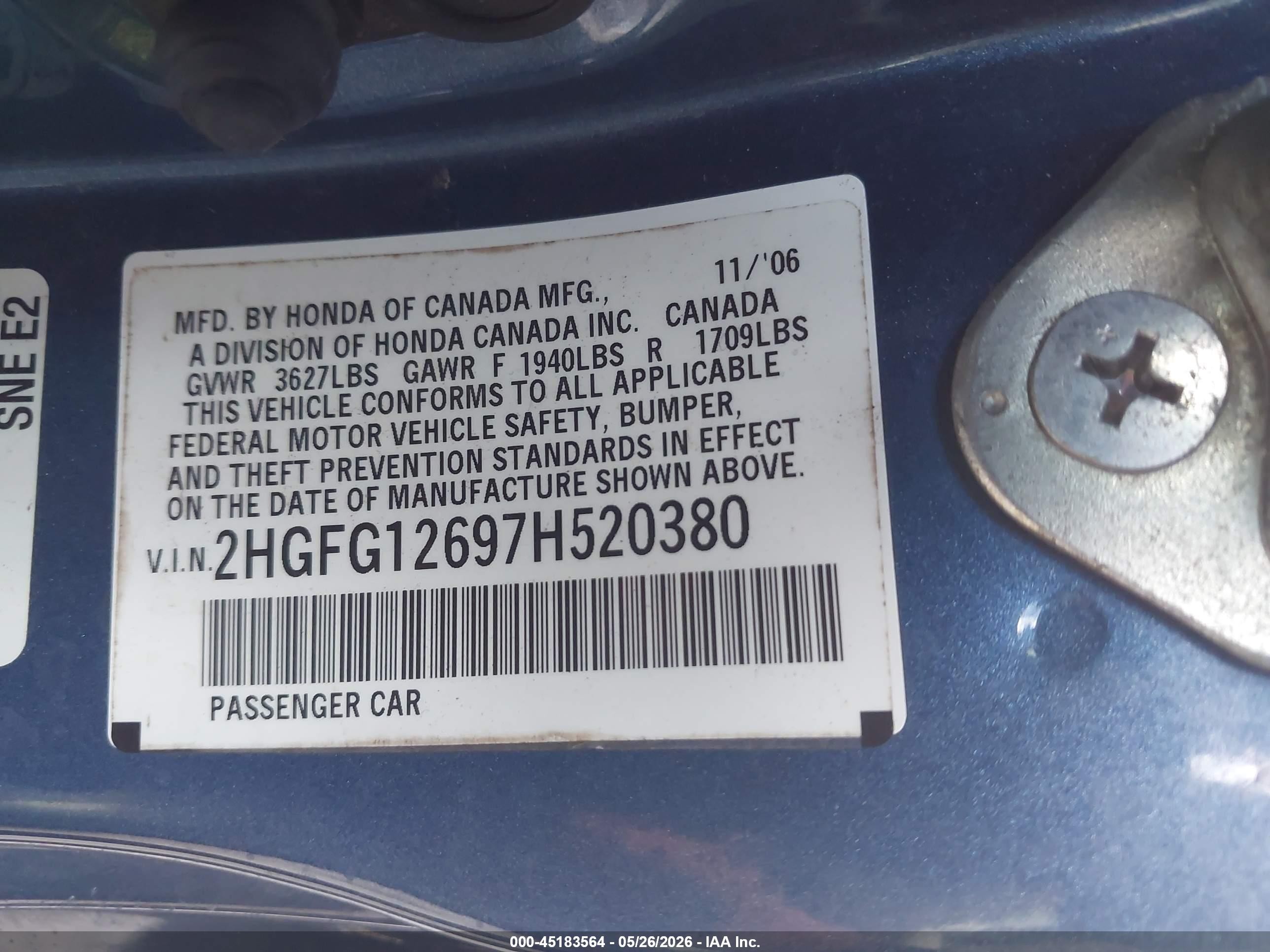 2007 Honda Civic Lx Blue vin: 2HGFG12697H520380