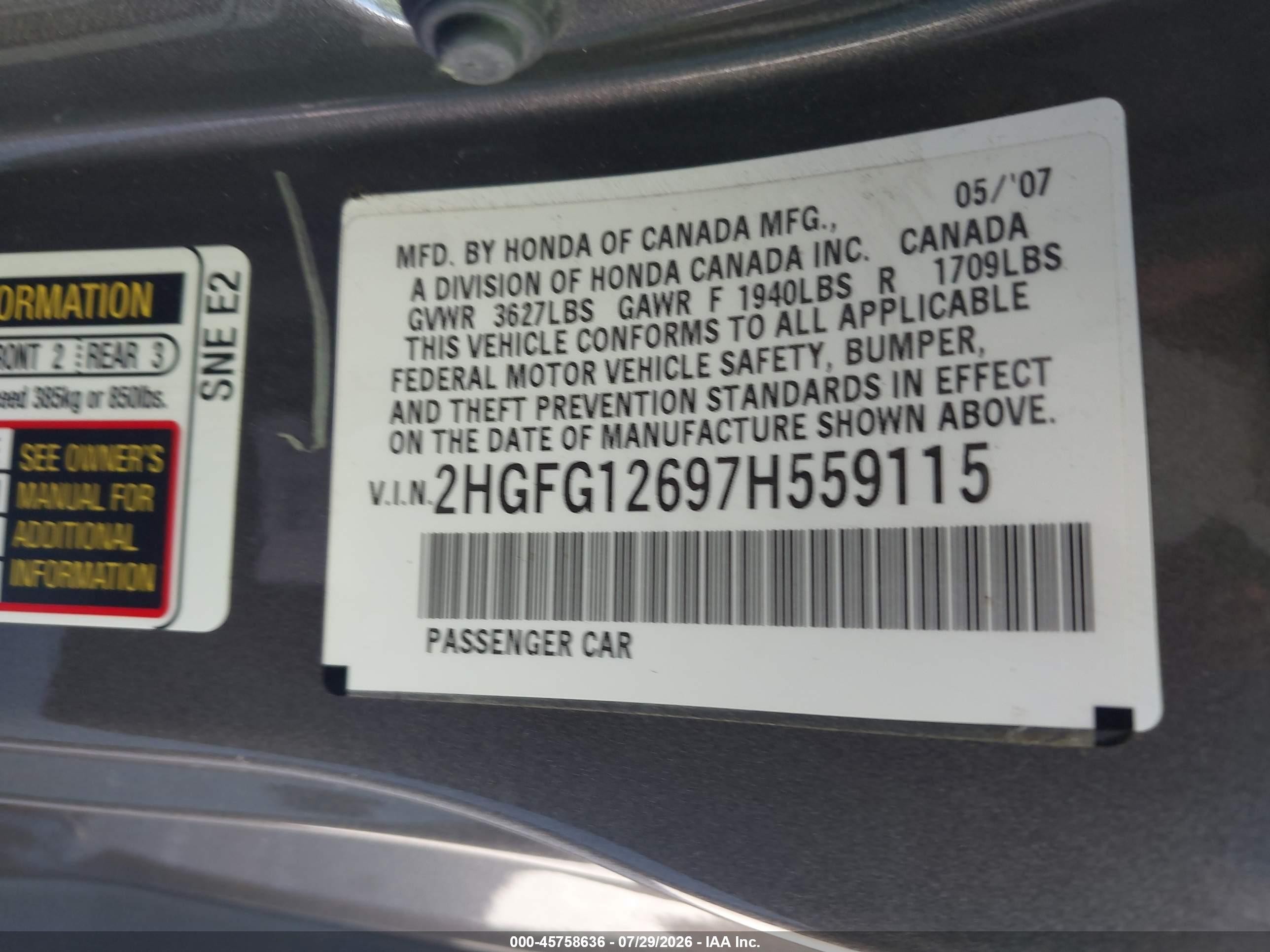 2007 Honda Civic Lx Серый vin: 2HGFG12697H559115