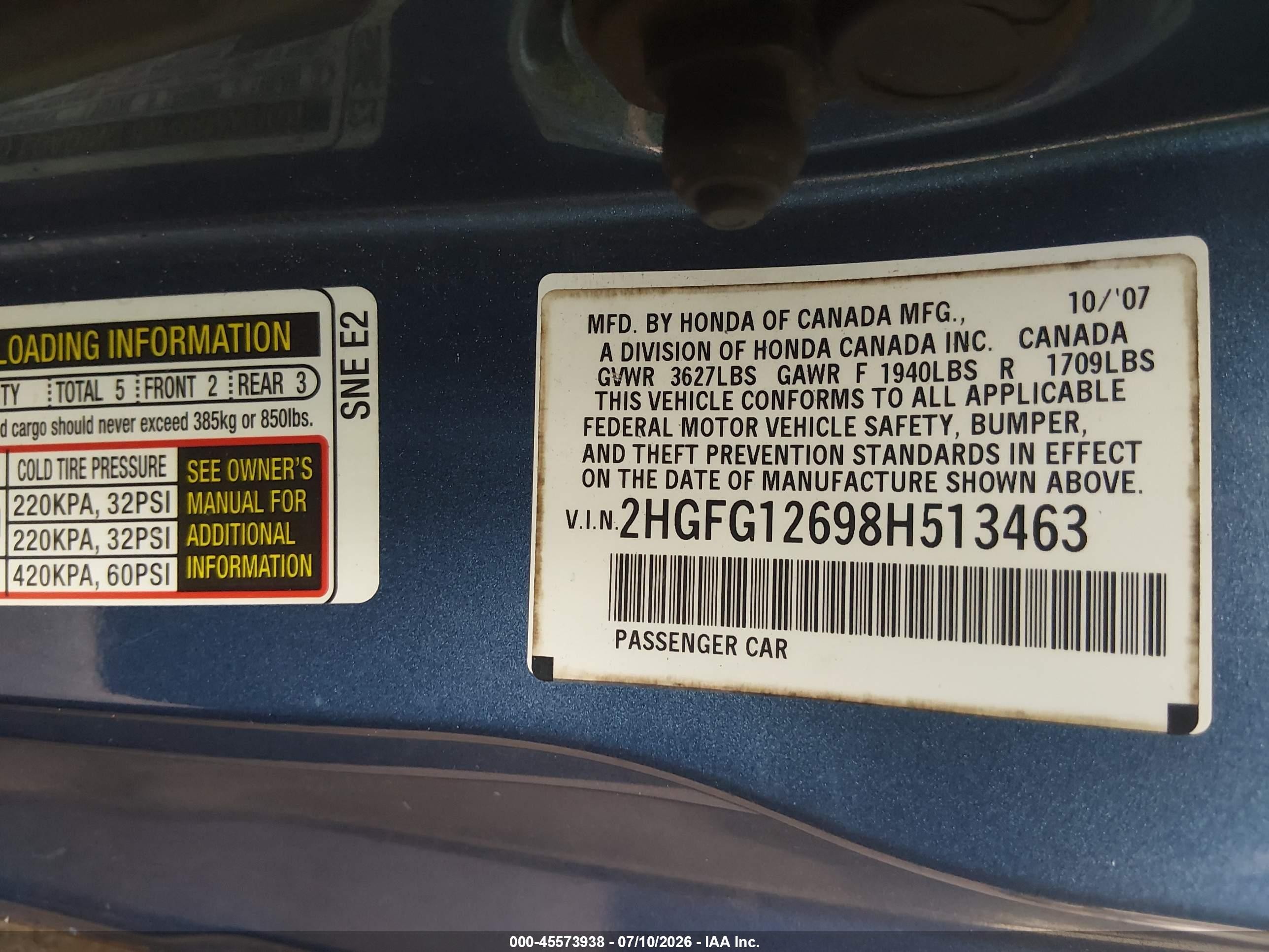 2008 Honda Civic Lx Blue vin: 2HGFG12698H513463