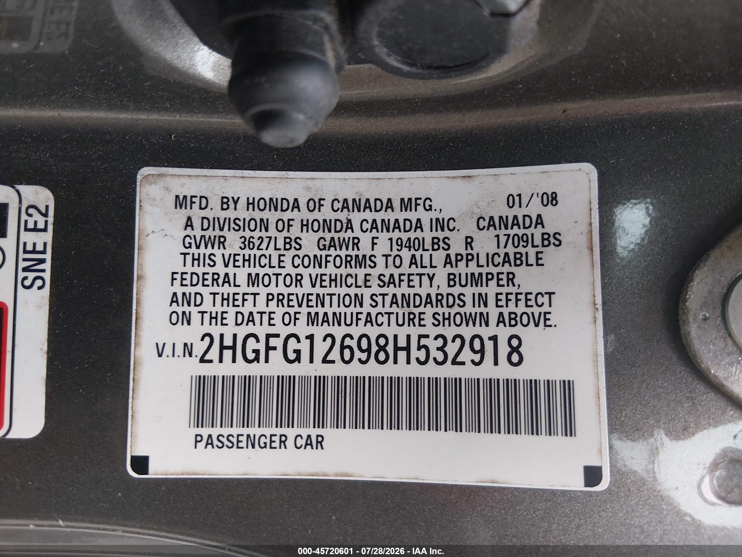 2008 Honda Civic Lx Beige vin: 2HGFG12698H532918
