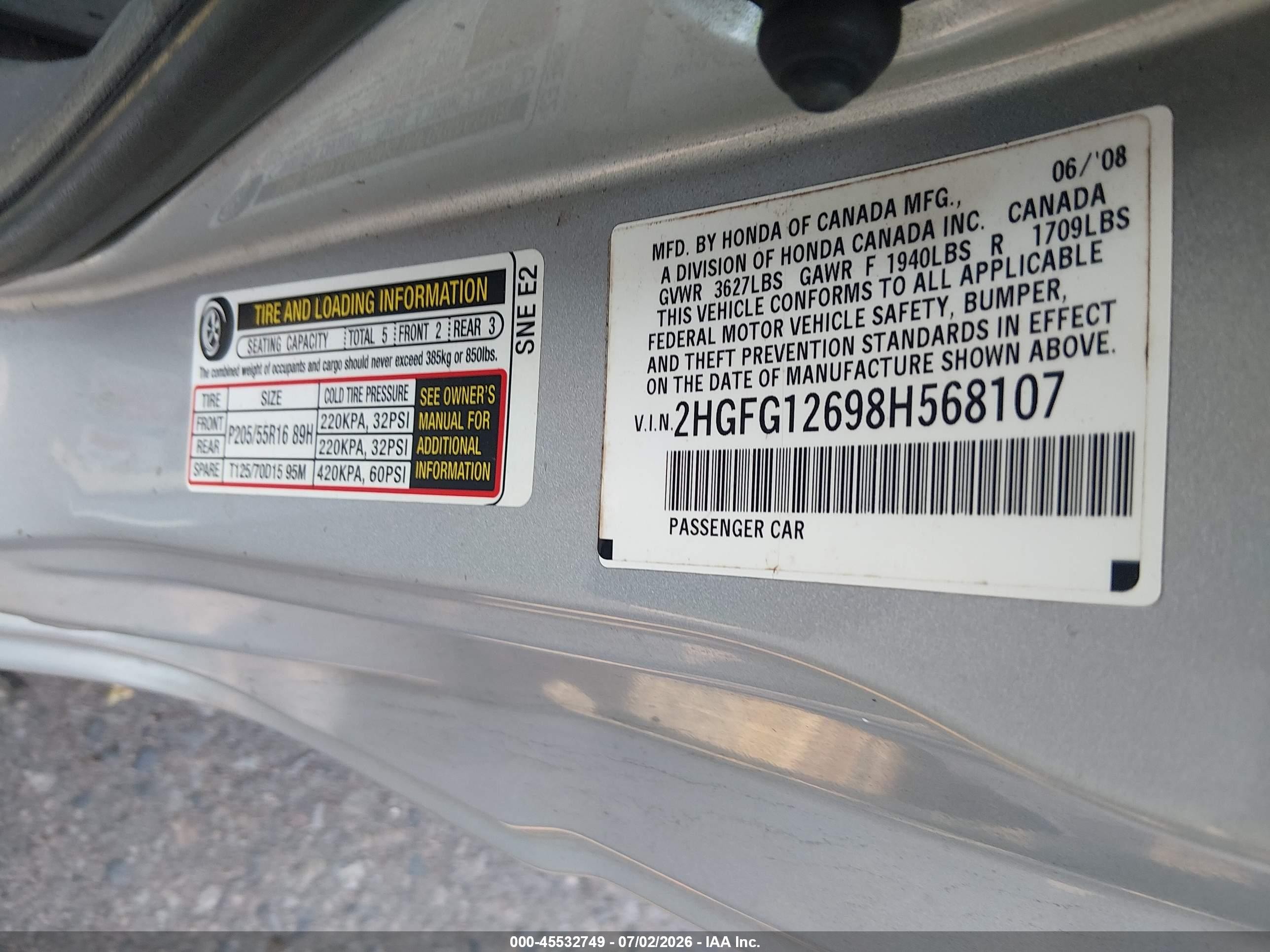 2008 Honda Civic Lx Gray vin: 2HGFG12698H568107
