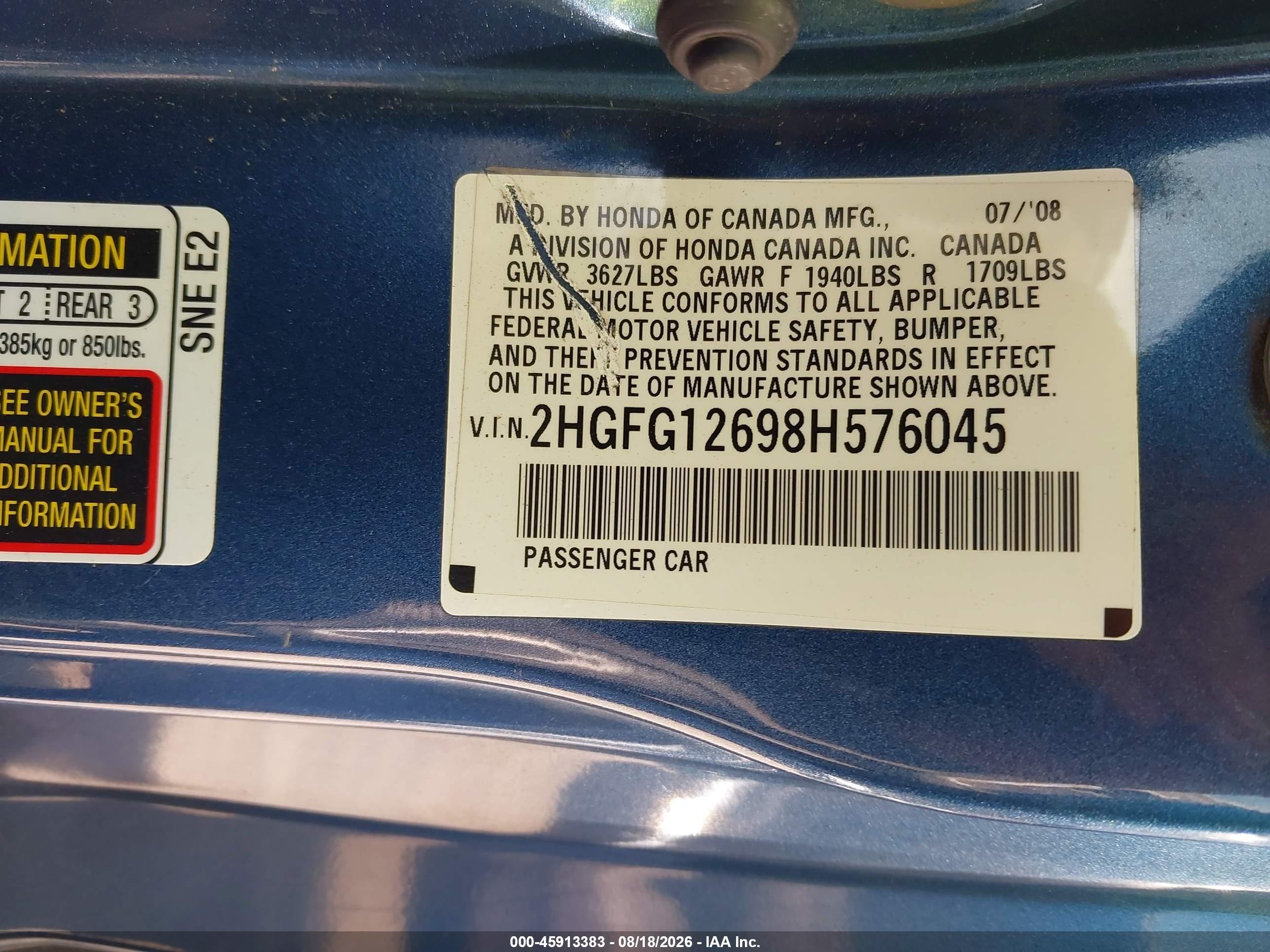 2008 Honda Civic Lx Blue vin: 2HGFG12698H576045