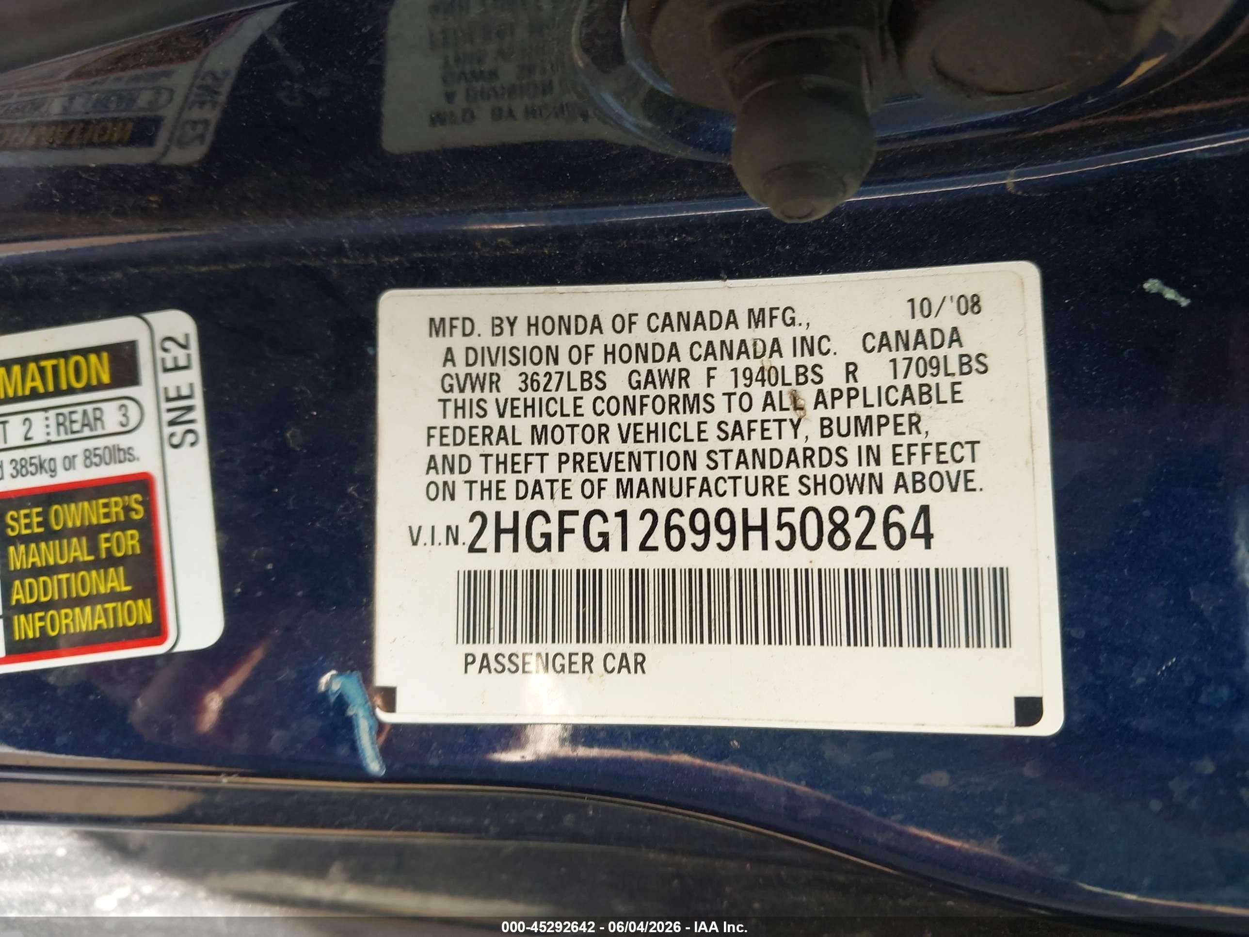 2009 Honda Civic Lx Blue vin: 2HGFG12699H508264
