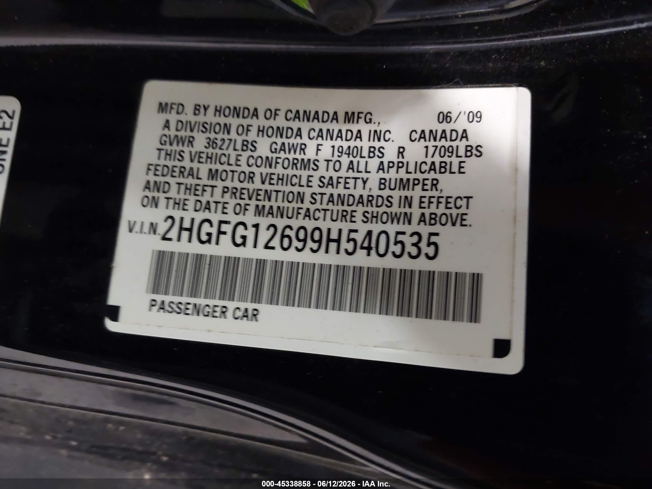 2009 Honda Civic Lx Black vin: 2HGFG12699H540535