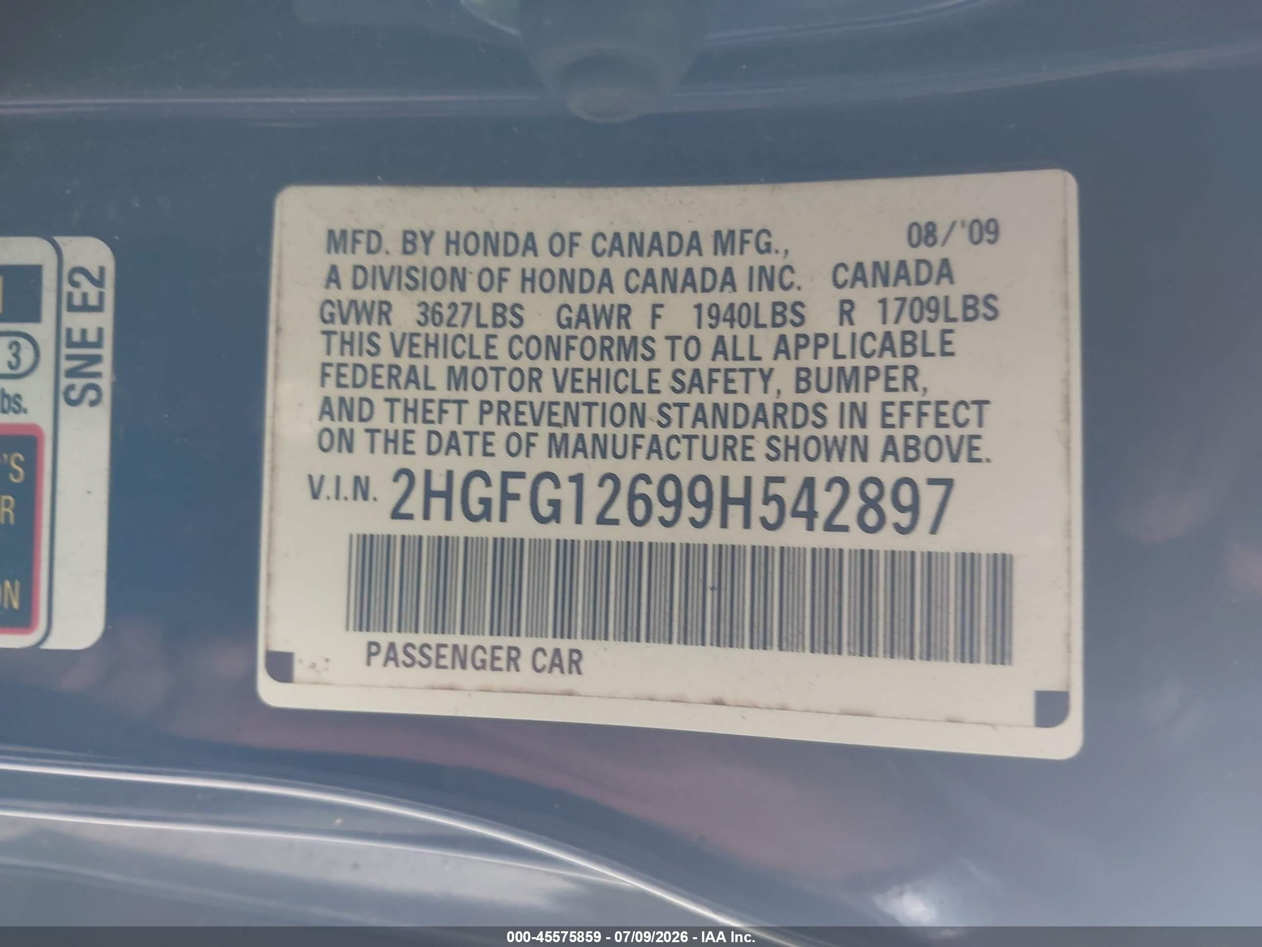 2009 Honda Civic Lx Blue vin: 2HGFG12699H542897
