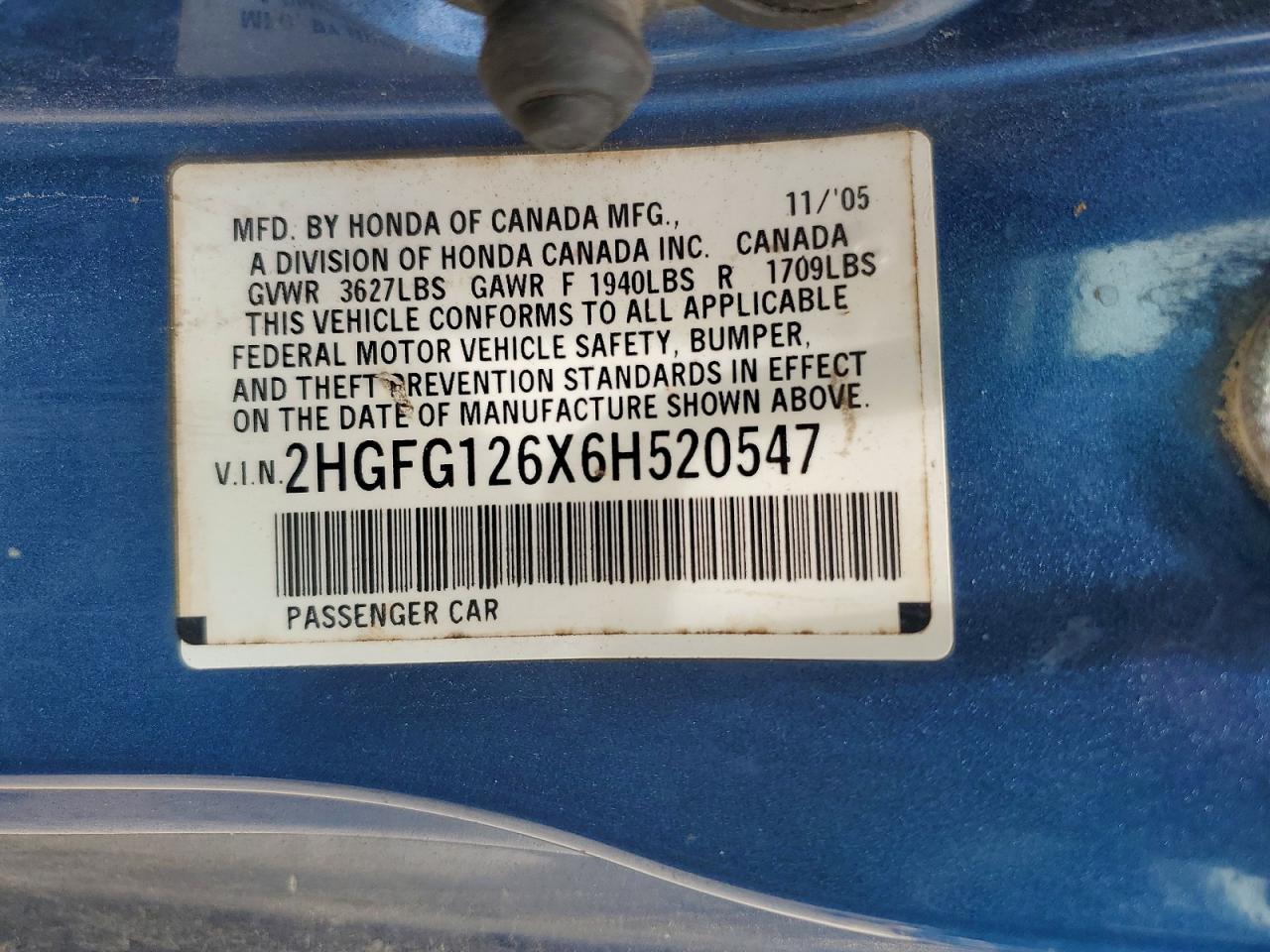 2006 Honda Civic Lx Blue vin: 2HGFG126X6H520547