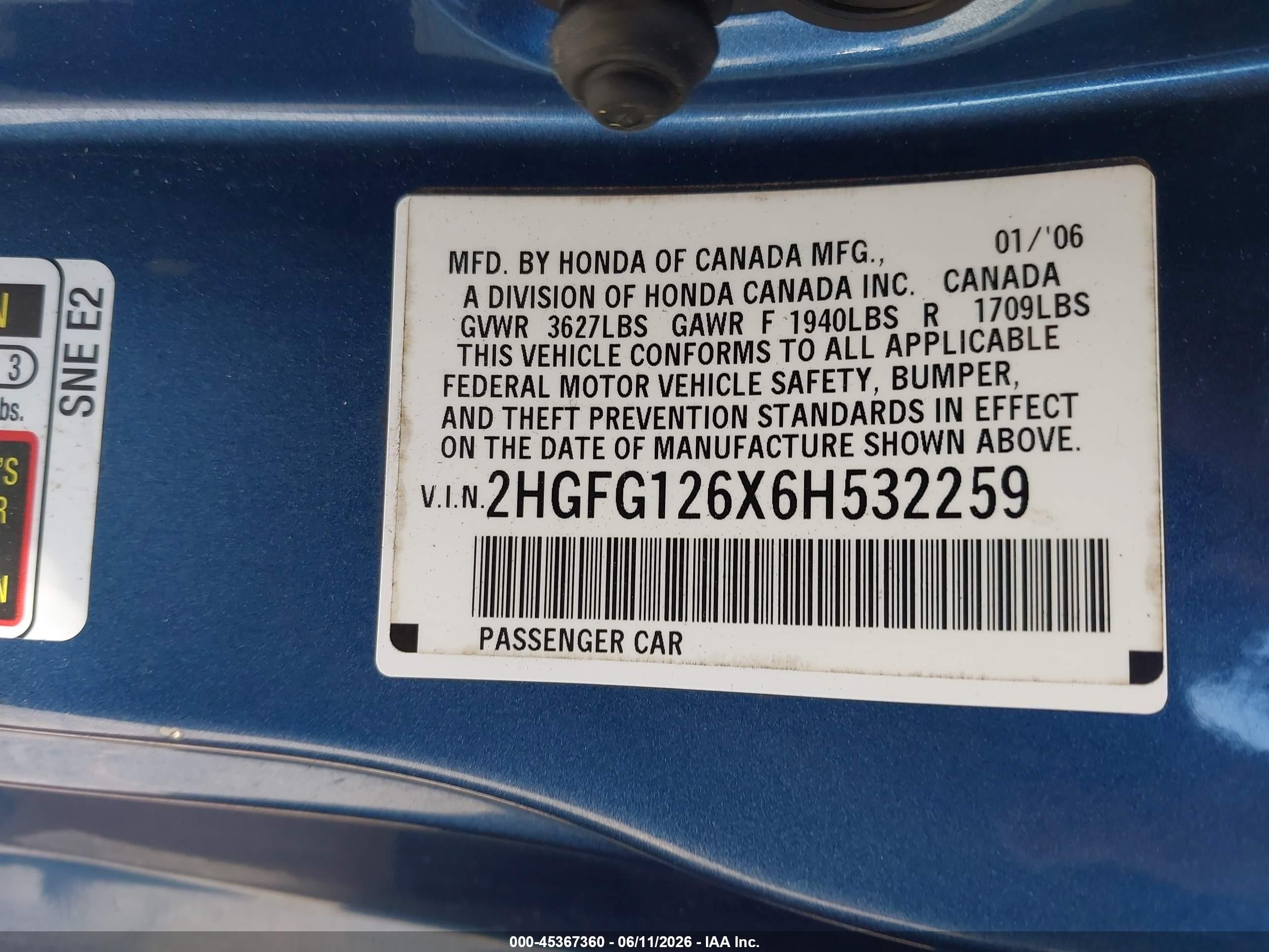 2006 Honda Civic Lx Blue vin: 2HGFG126X6H532259