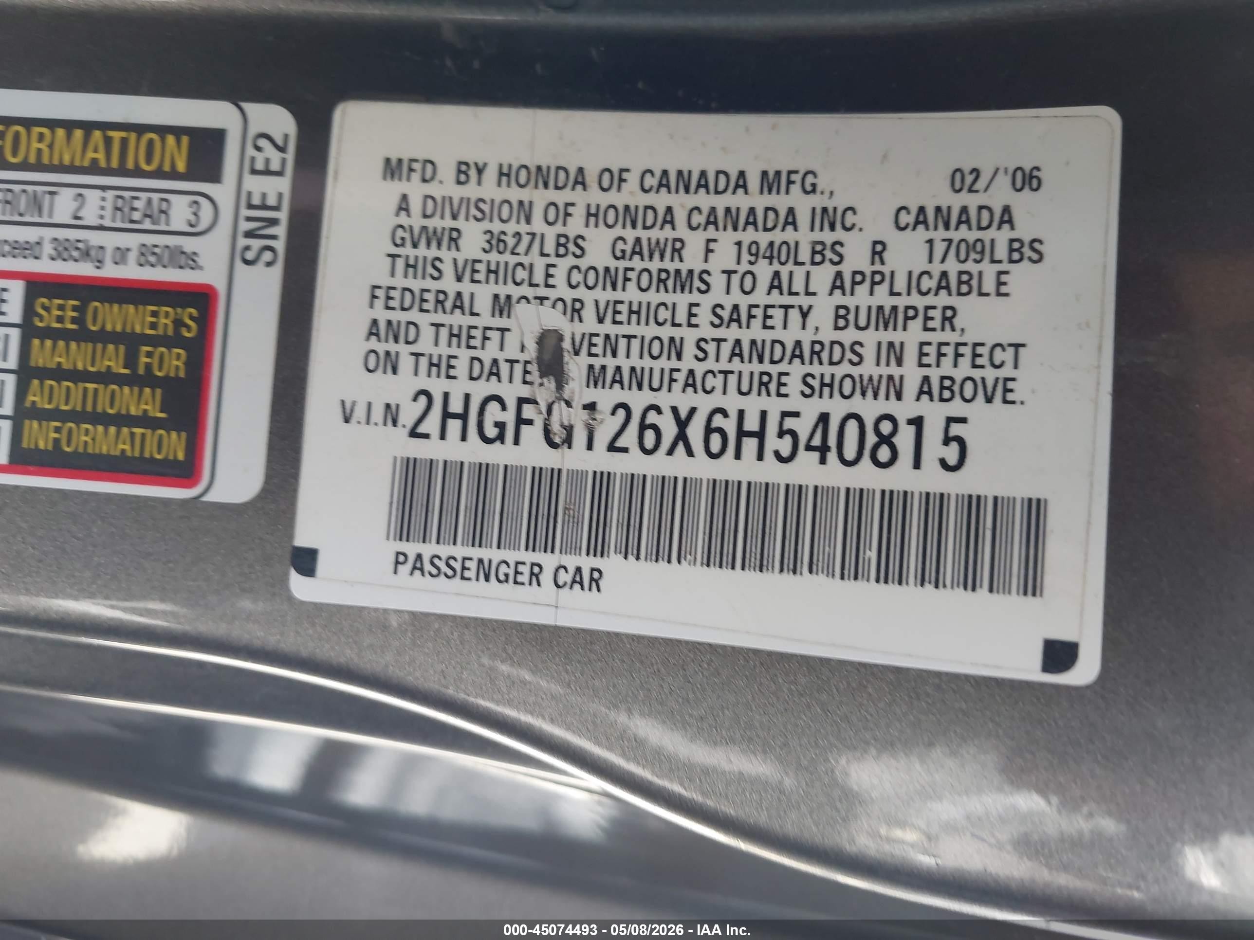 2006 Honda Civic Lx Серый vin: 2HGFG126X6H540815