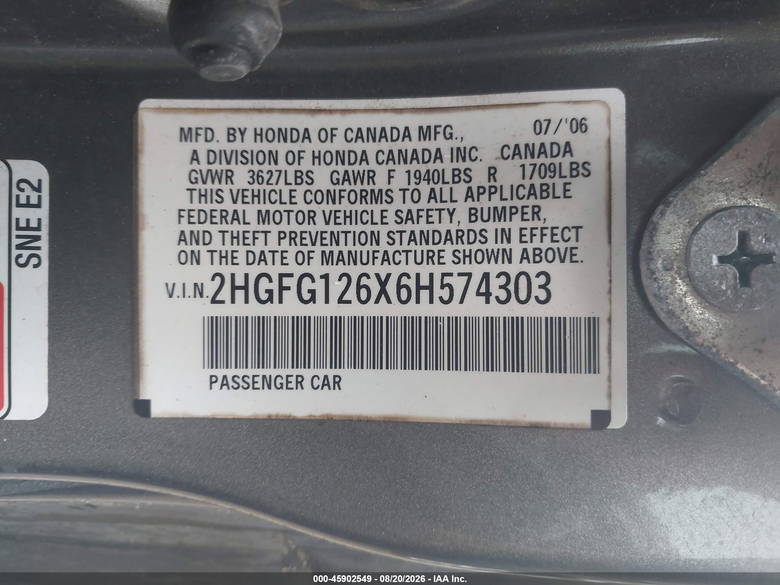 2006 Honda Civic Lx Бежевый vin: 2HGFG126X6H574303