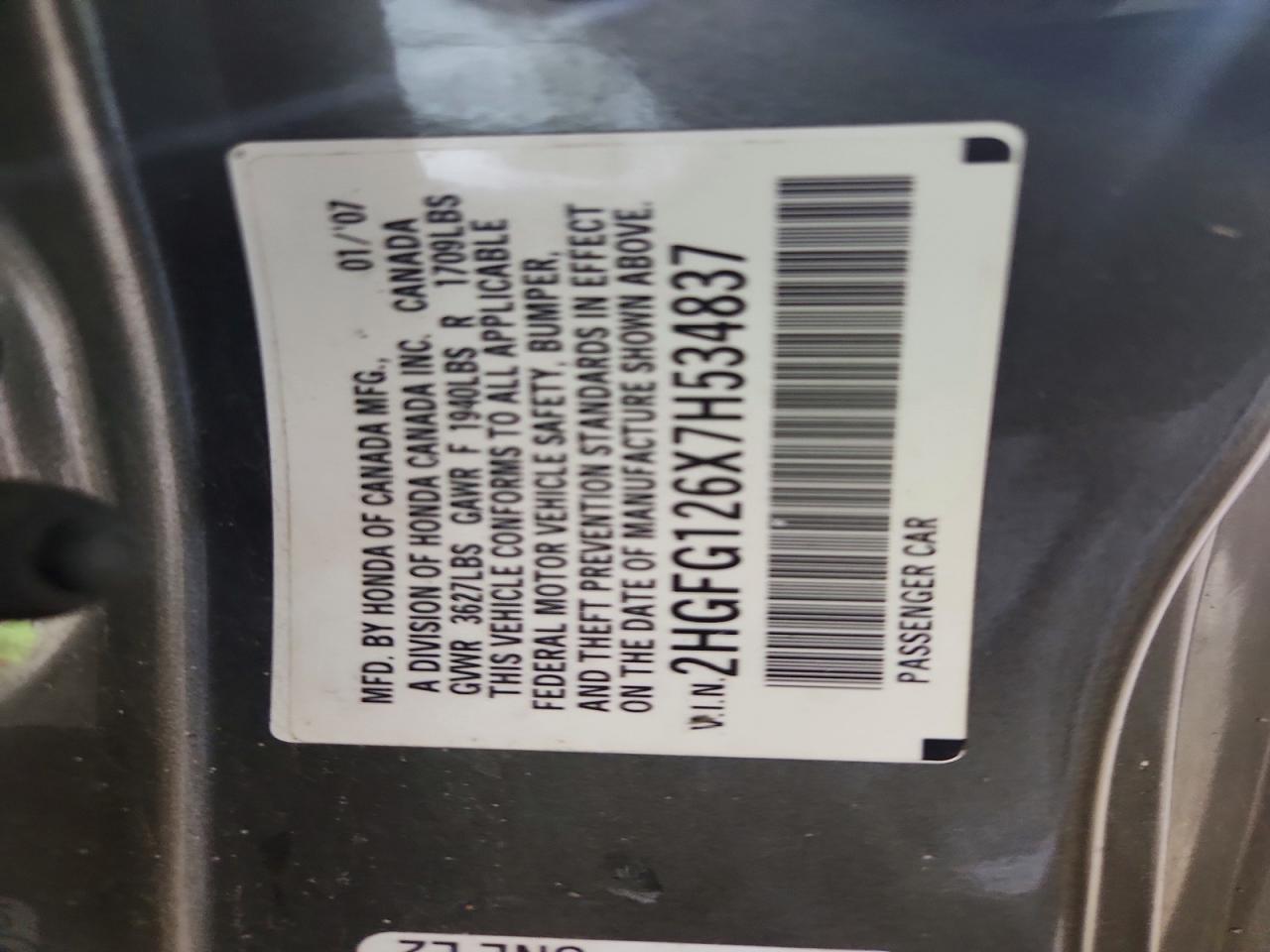 2007 Honda Civic Lx Gray vin: 2HGFG126X7H534837