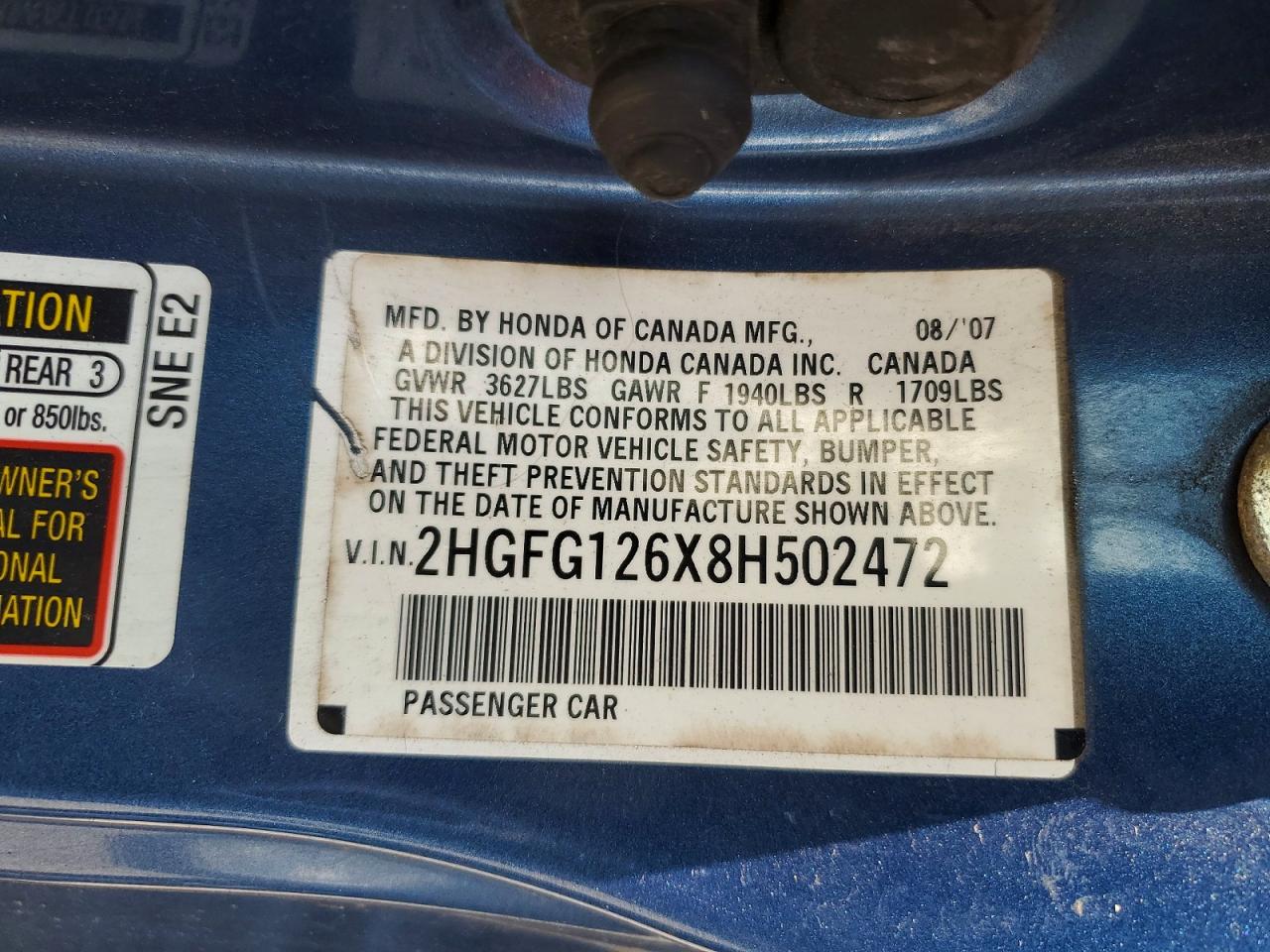 2008 Honda Civic Lx Blue vin: 2HGFG126X8H502472