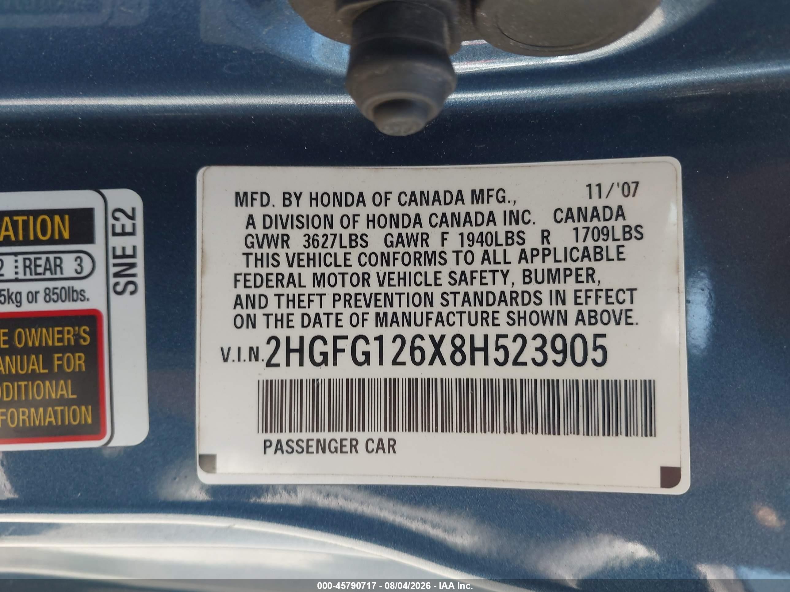 2008 Honda Civic Lx Синий vin: 2HGFG126X8H523905