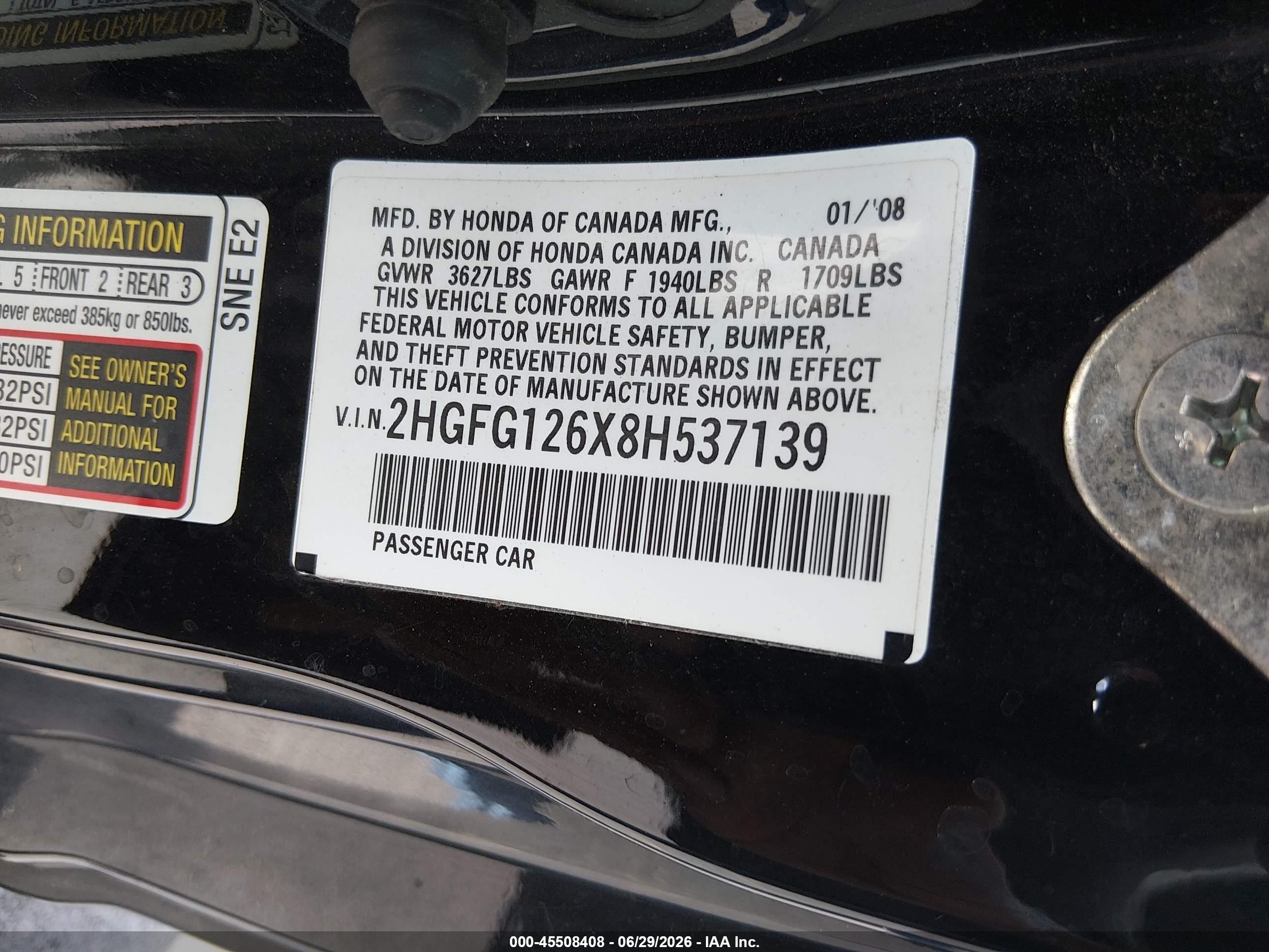 2008 Honda Civic Lx Black vin: 2HGFG126X8H537139
