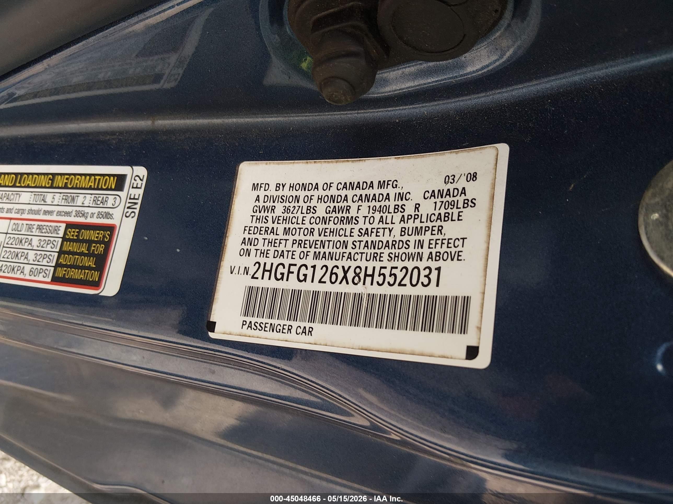 2008 Honda Civic Lx Blue vin: 2HGFG126X8H552031
