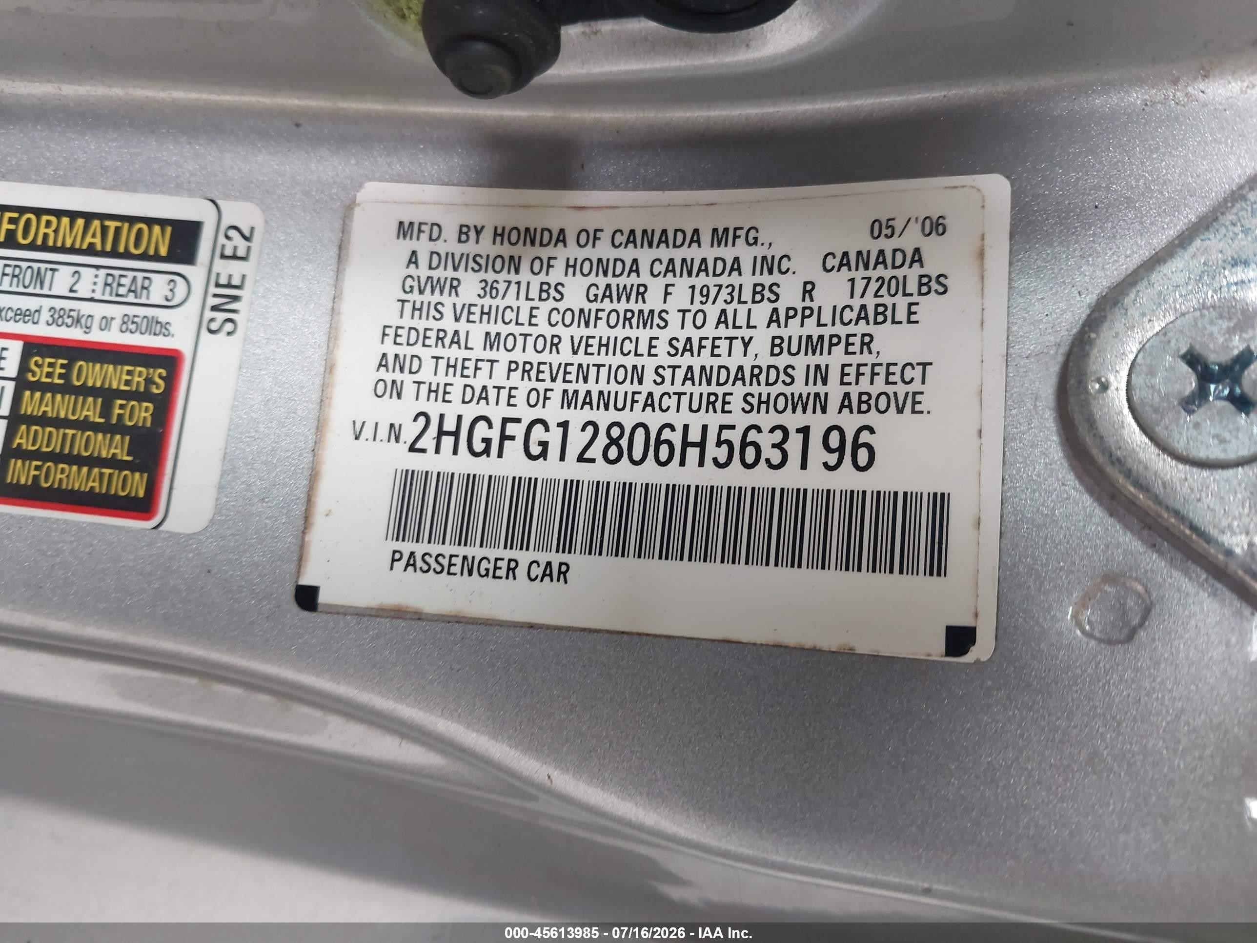 2006 Honda Civic Ex Silver vin: 2HGFG12806H563196