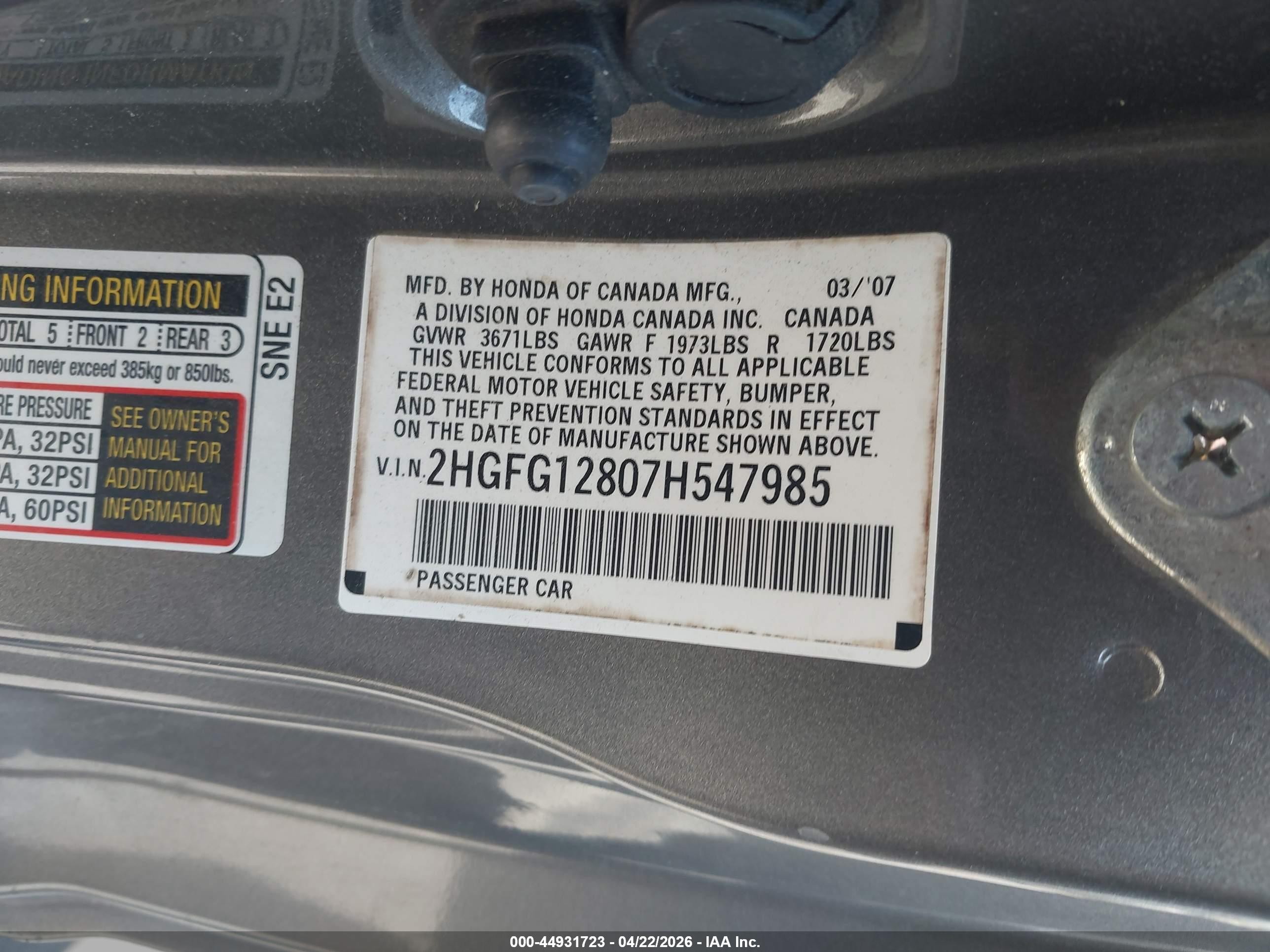 2007 Honda Civic Ex Silver vin: 2HGFG12807H547985