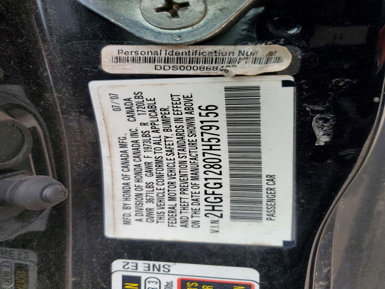 2007 Honda Civic Black vin: 2HGFG12807H579156