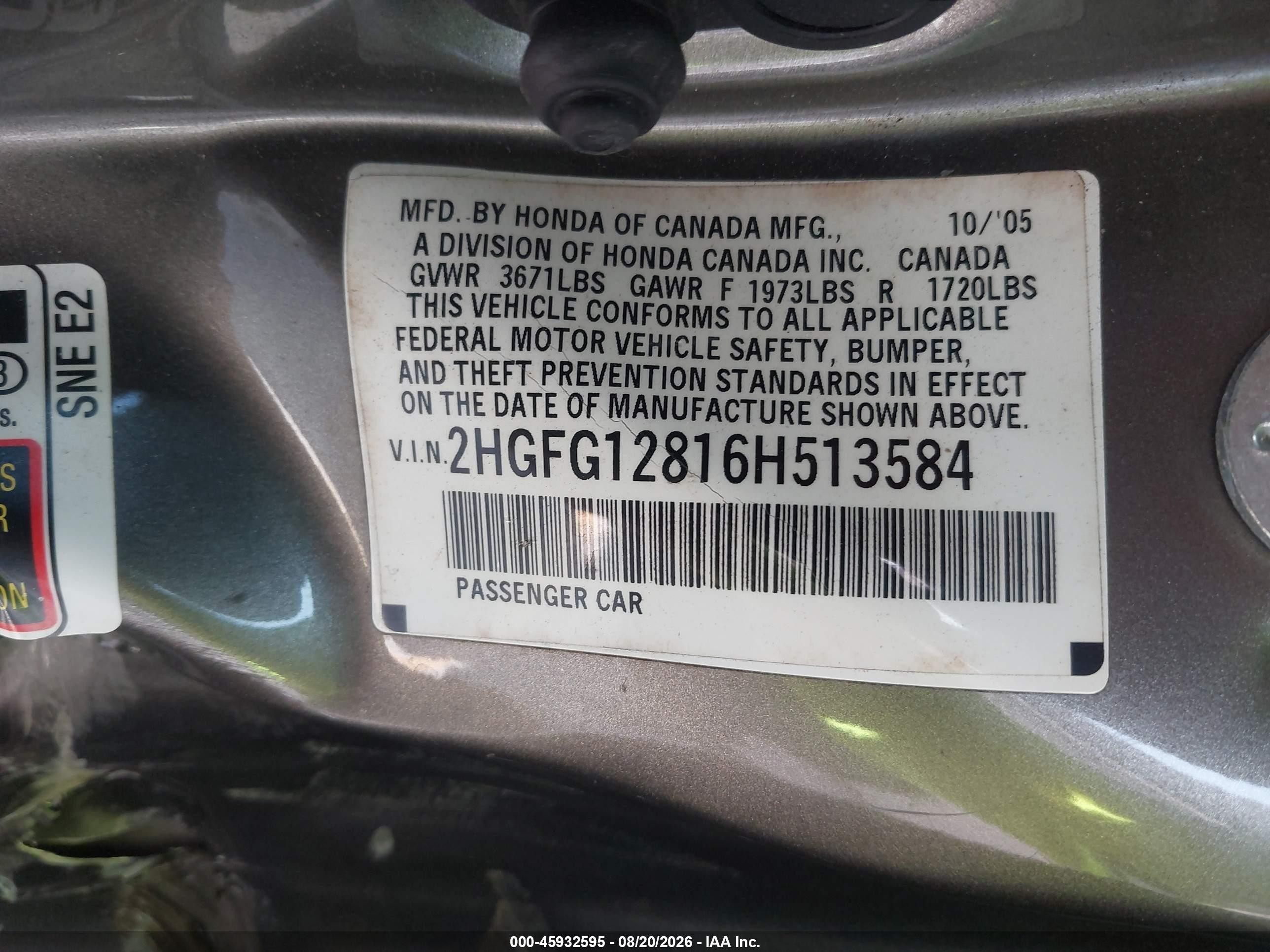 2006 Honda Civic Ex Gray vin: 2HGFG12816H513584