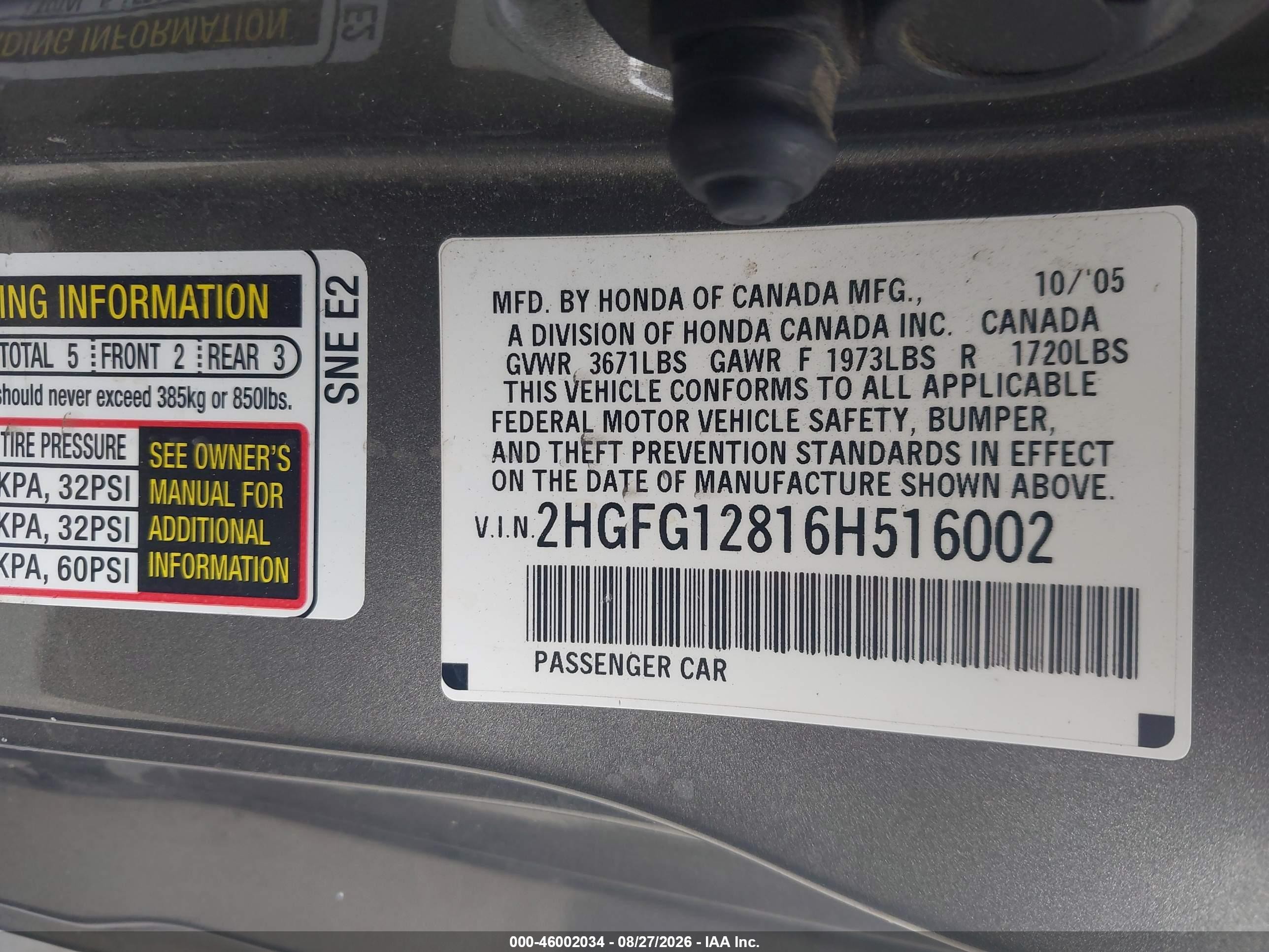 2006 Honda Civic Ex Gray vin: 2HGFG12816H516002
