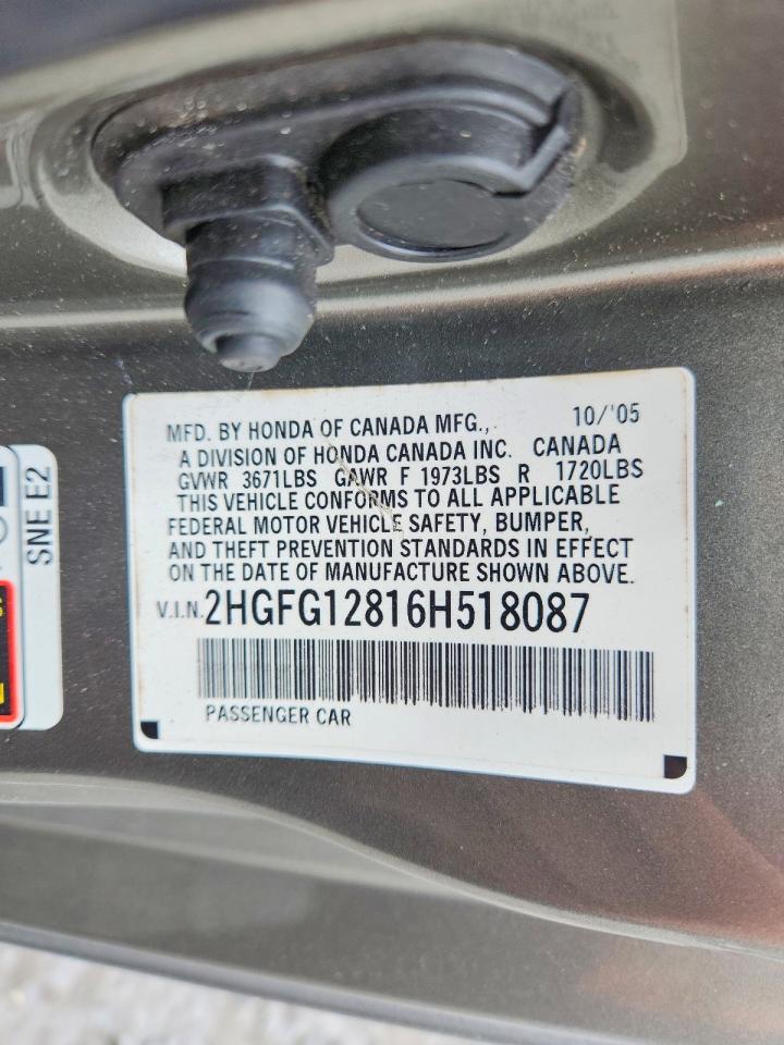 2006 Honda Civic Ex Gold vin: 2HGFG12816H518087