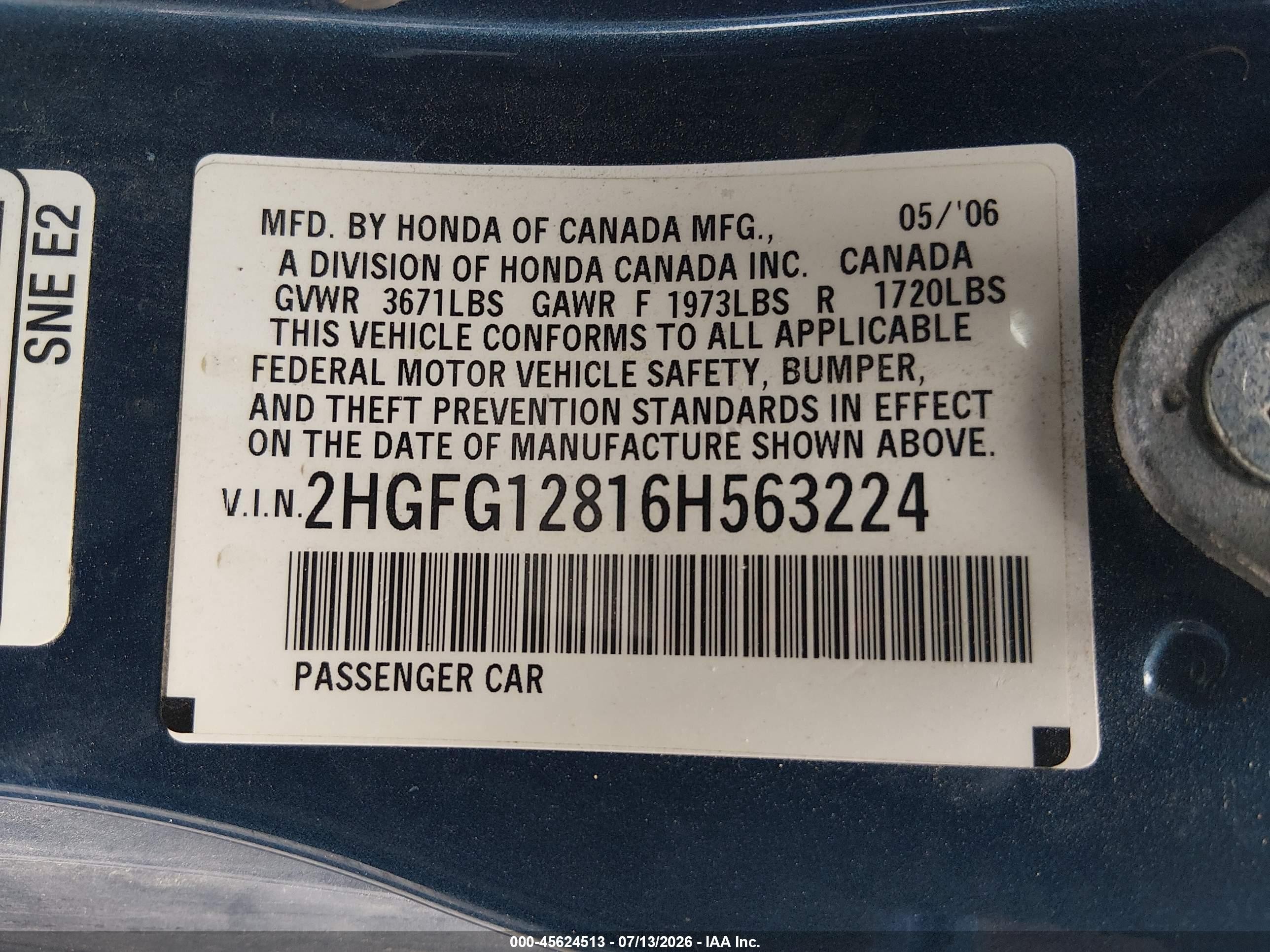 2006 Honda Civic Ex Blue vin: 2HGFG12816H563224