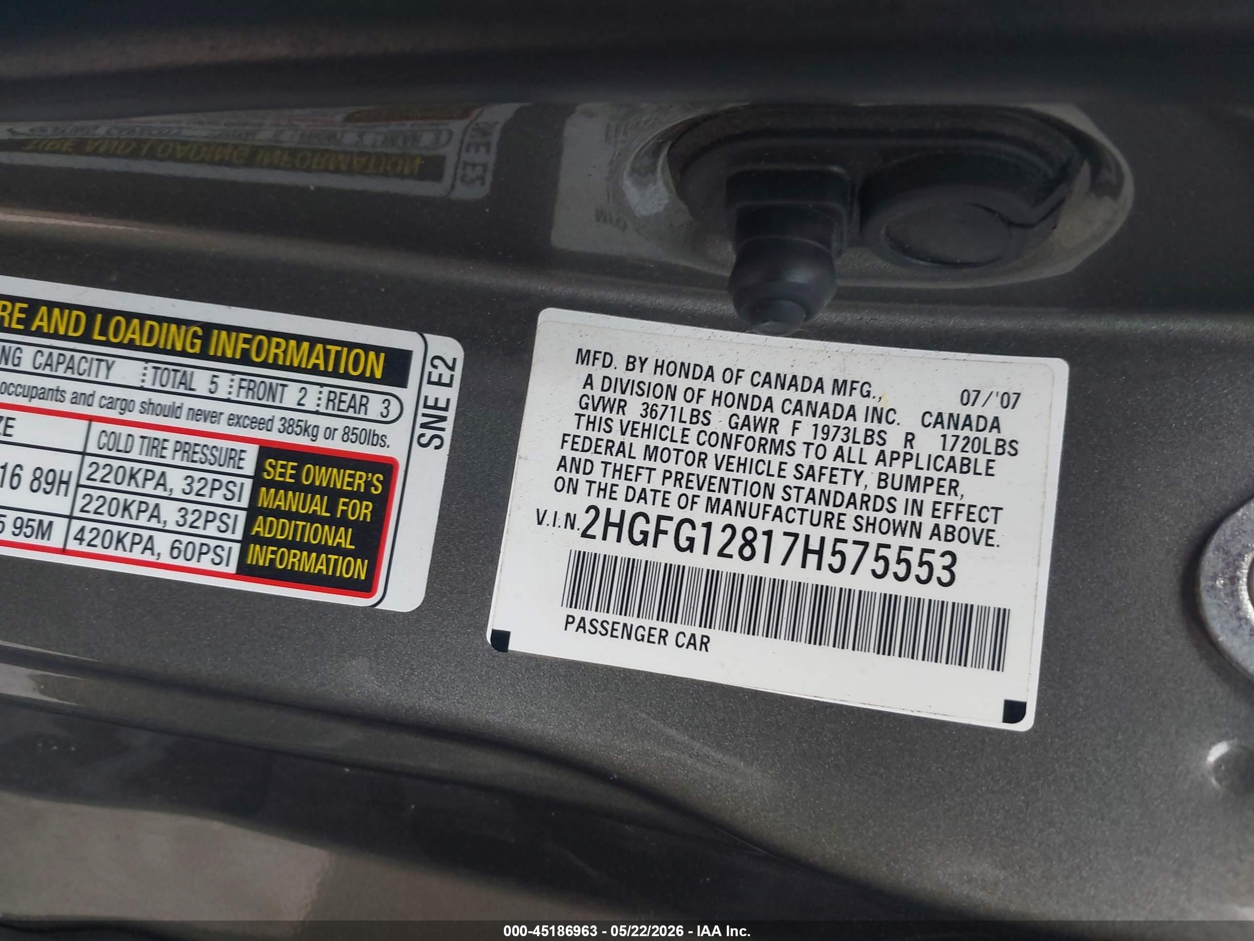 2007 Honda Civic Ex Gray vin: 2HGFG12817H575553