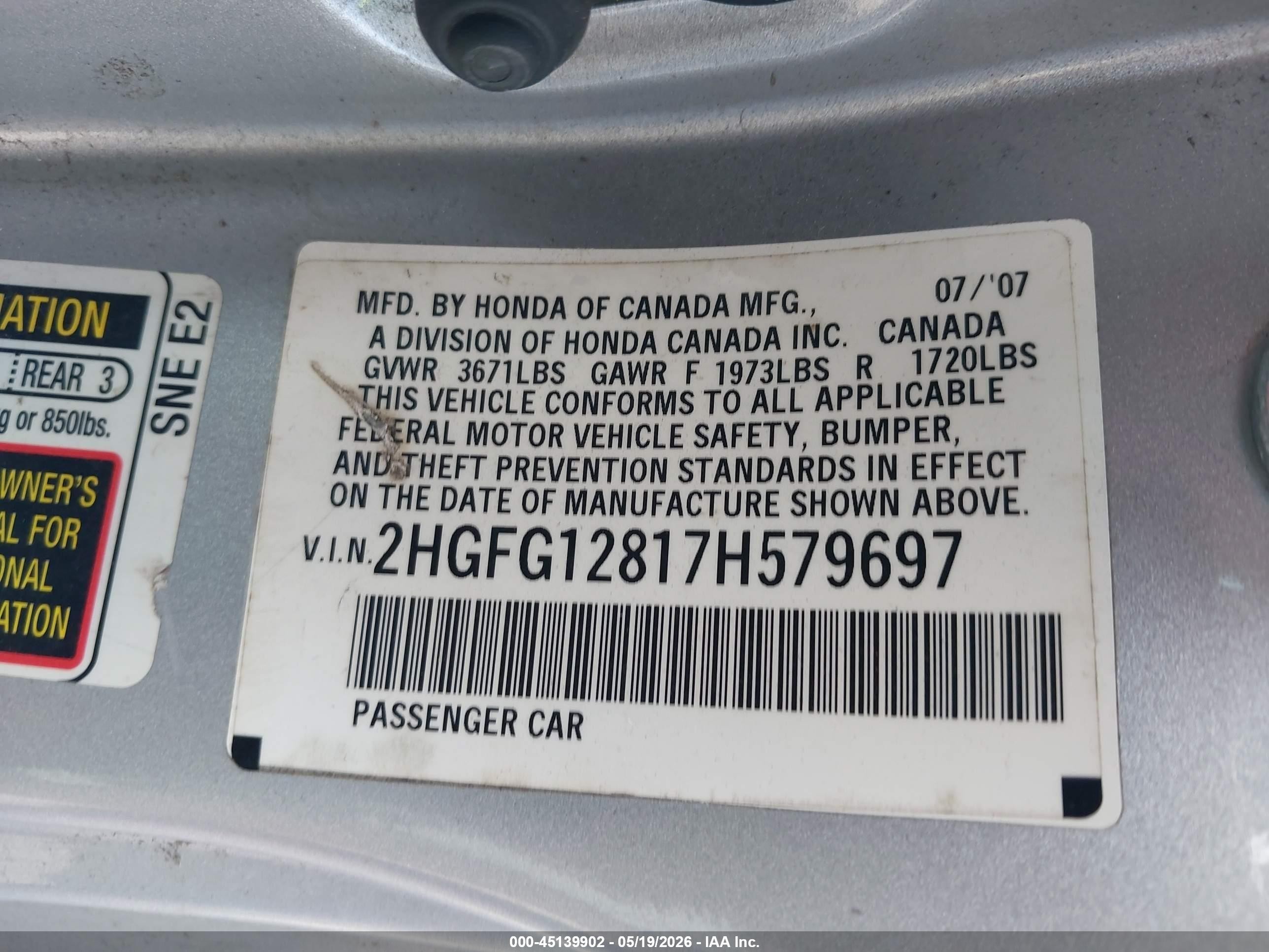 2007 Honda Civic Ex Silver vin: 2HGFG12817H579697
