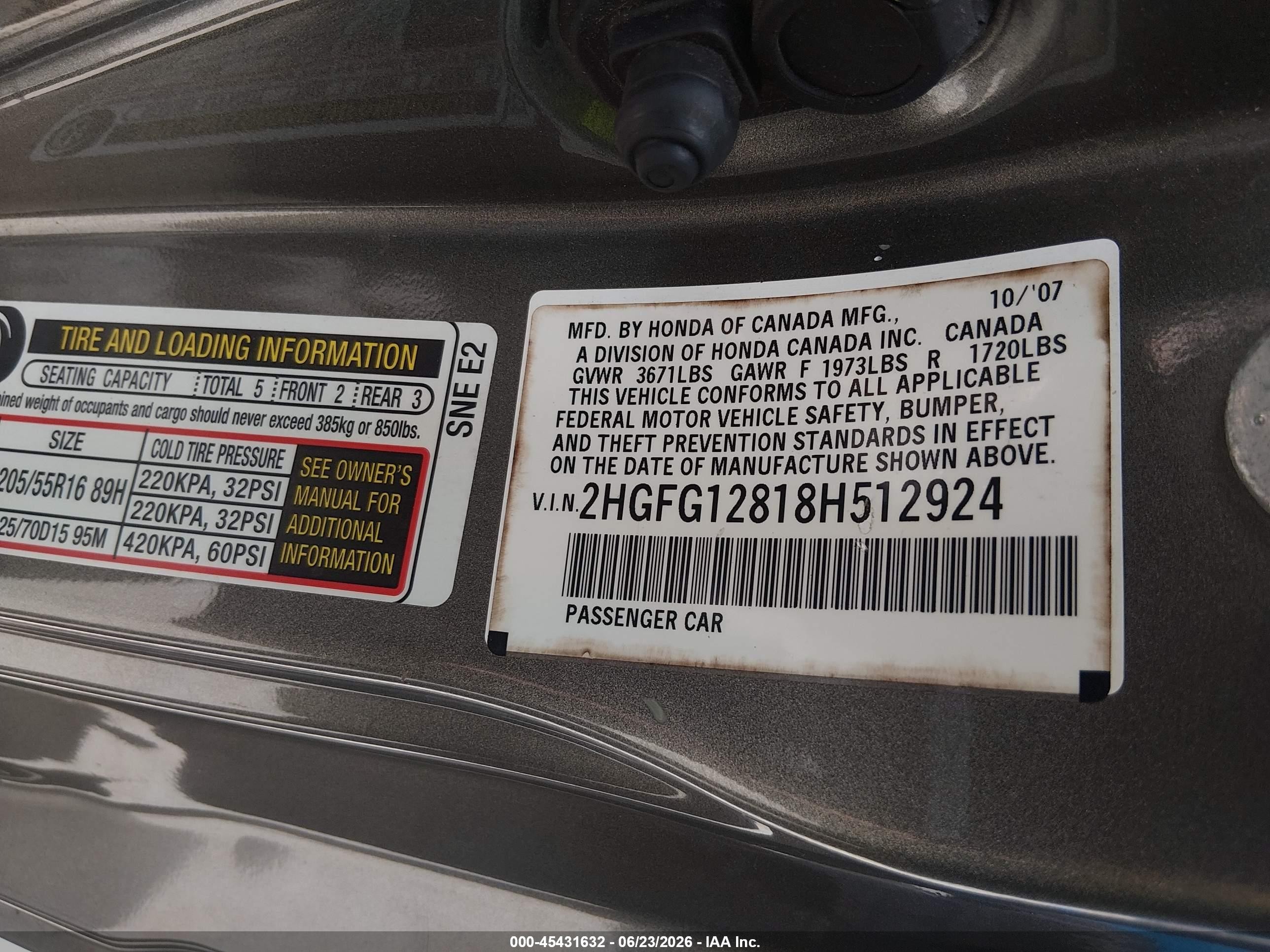 2008 Honda Civic Ex Gray vin: 2HGFG12818H512924