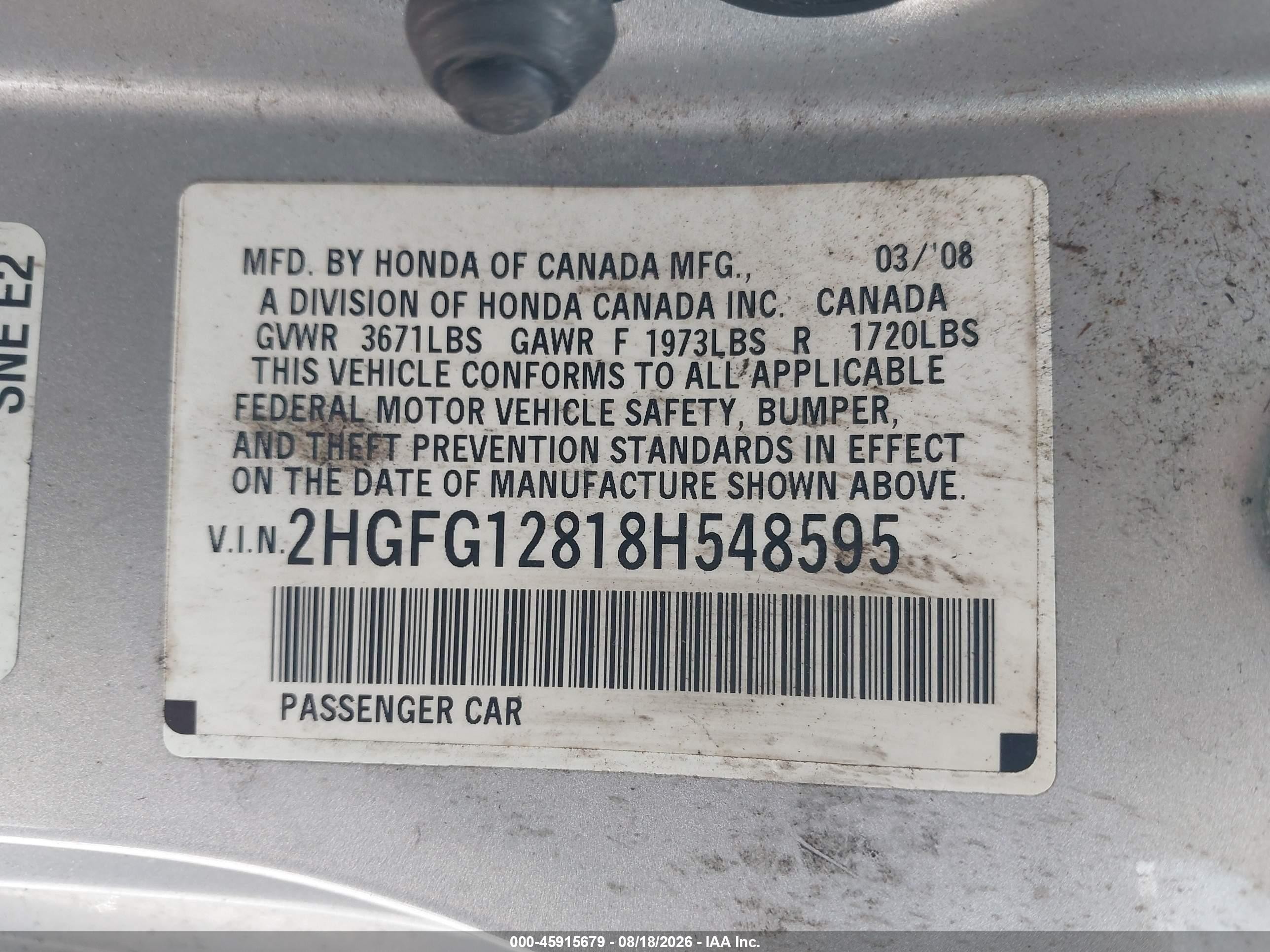2008 Honda Civic Ex Silver vin: 2HGFG12818H548595