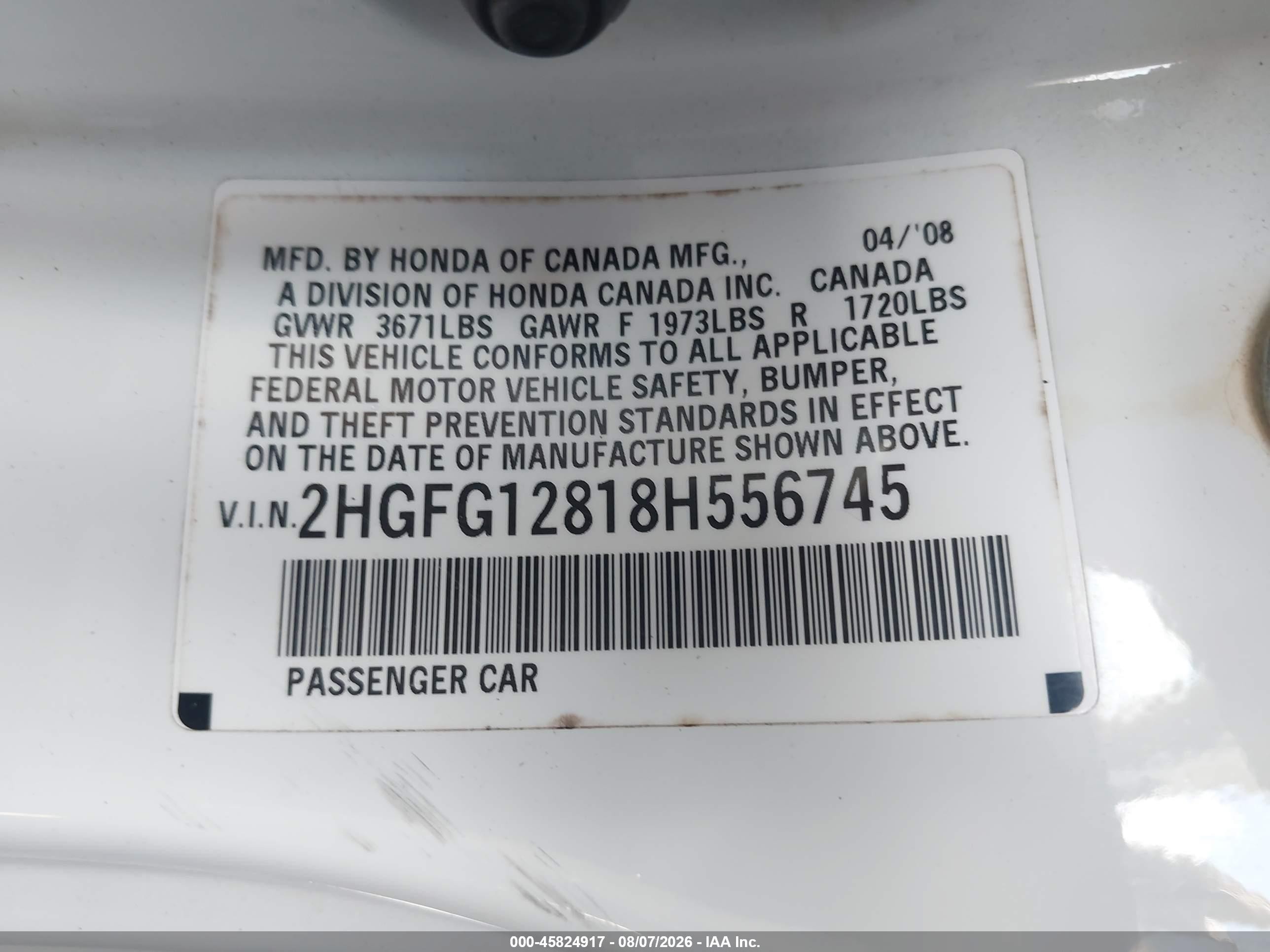 2008 Honda Civic Ex White vin: 2HGFG12818H556745
