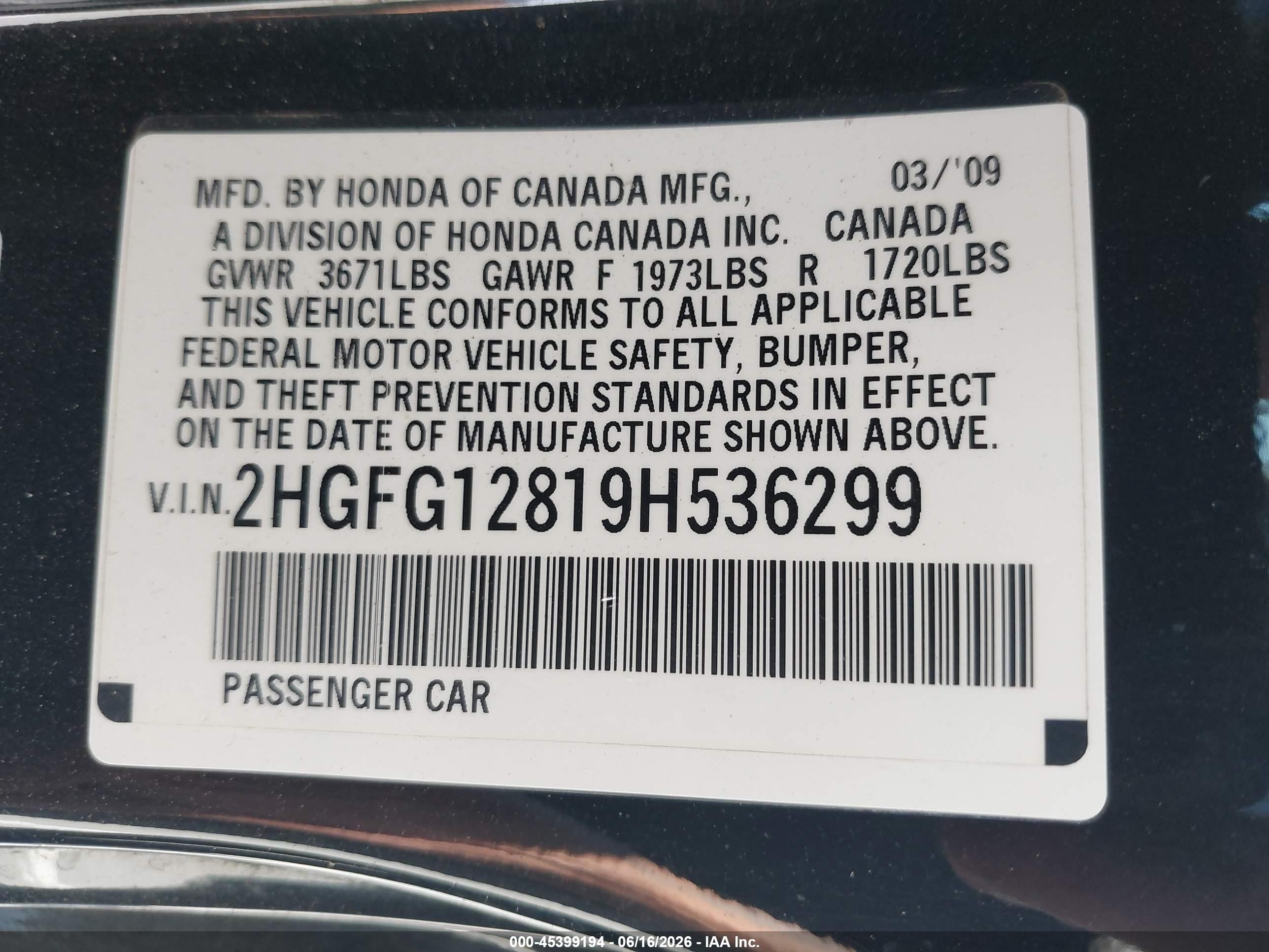 2009 Honda Civic Ex Black vin: 2HGFG12819H536299