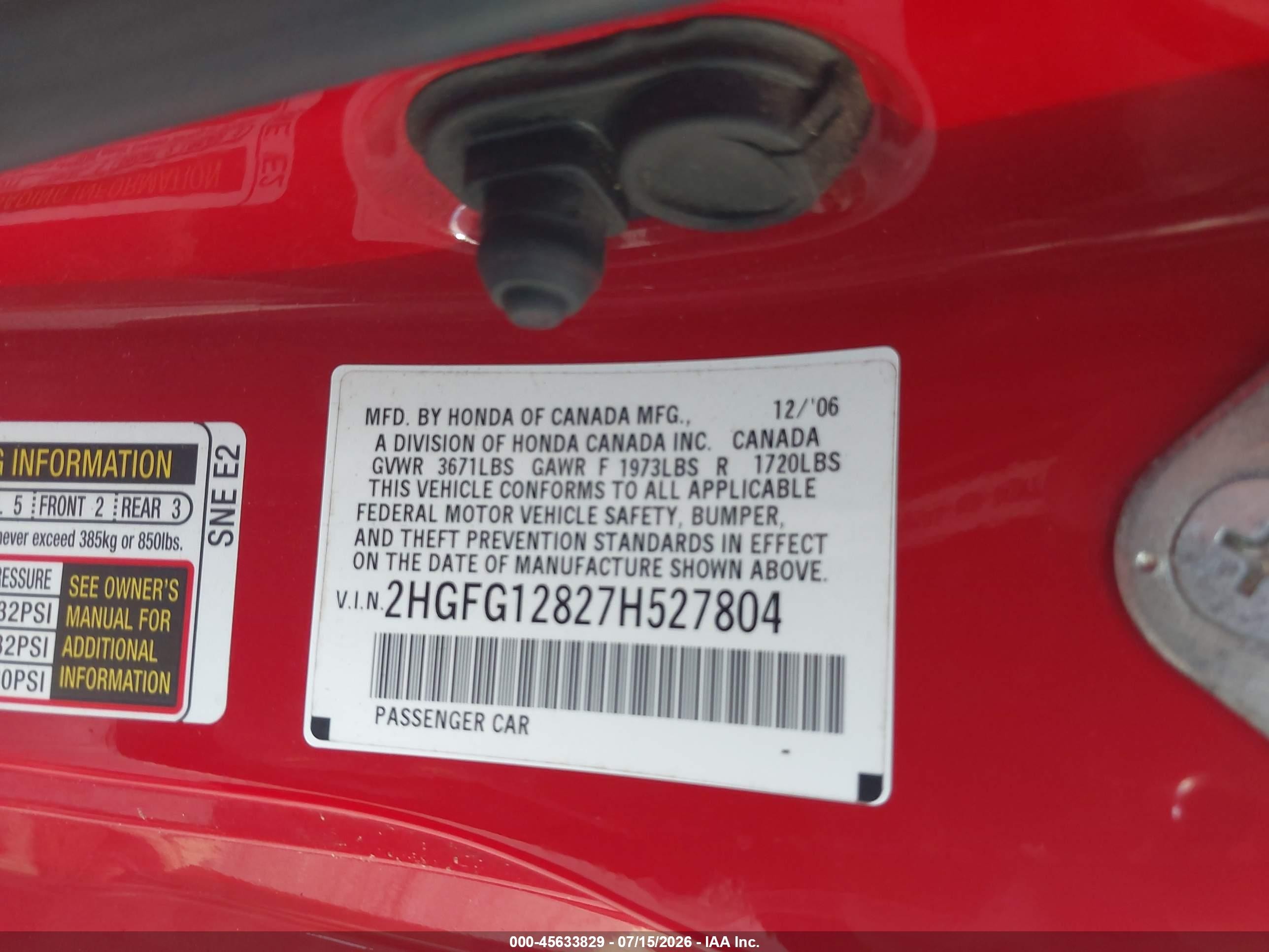 2007 Honda Civic Ex Red vin: 2HGFG12827H527804