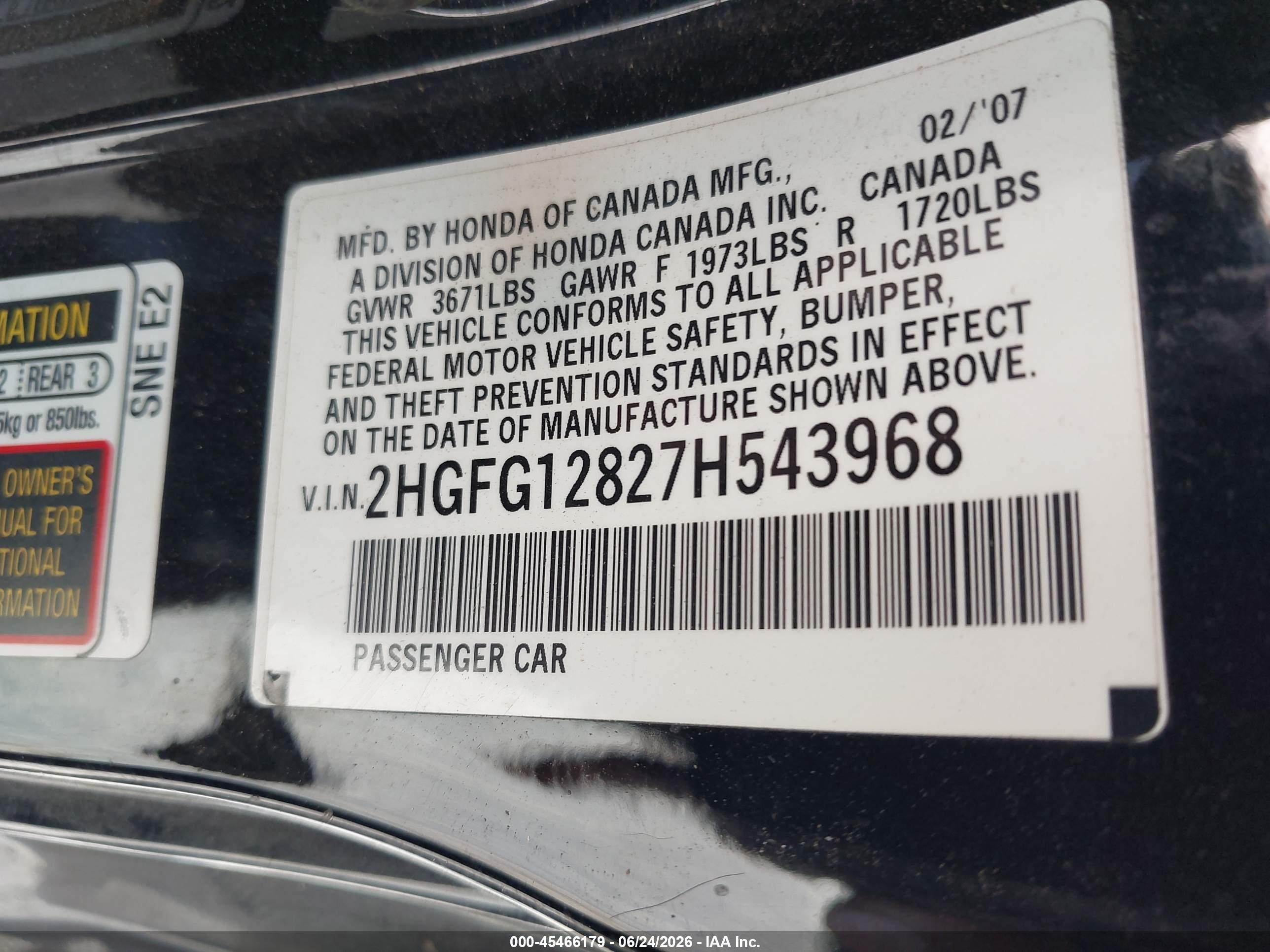 2007 Honda Civic Ex Black vin: 2HGFG12827H543968