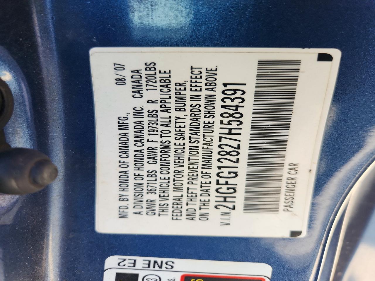 2007 Honda Civic Ex Blue vin: 2HGFG12827H584391