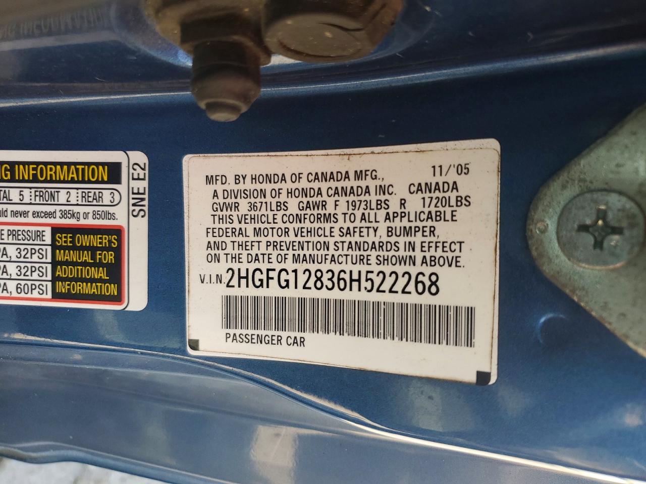 2006 Honda Civic Ex Blue vin: 2HGFG12836H522268