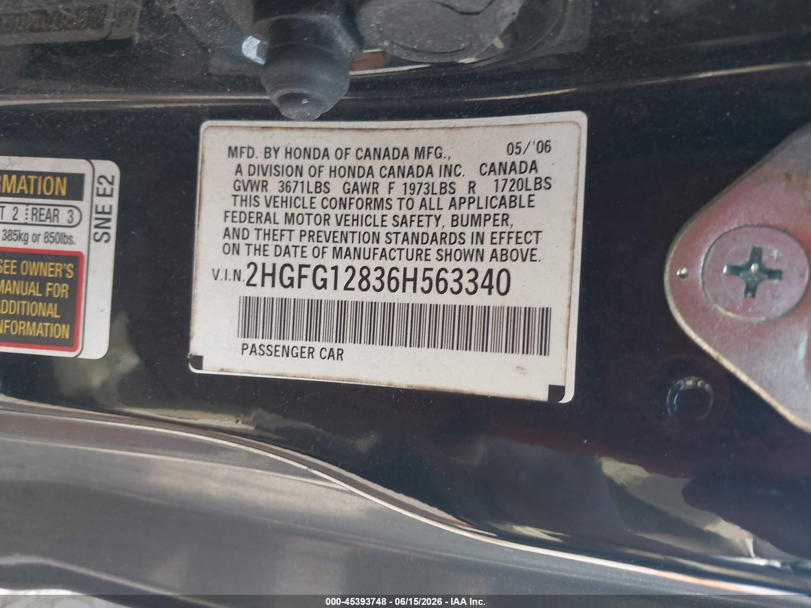 2006 Honda Civic Ex Black vin: 2HGFG12836H563340