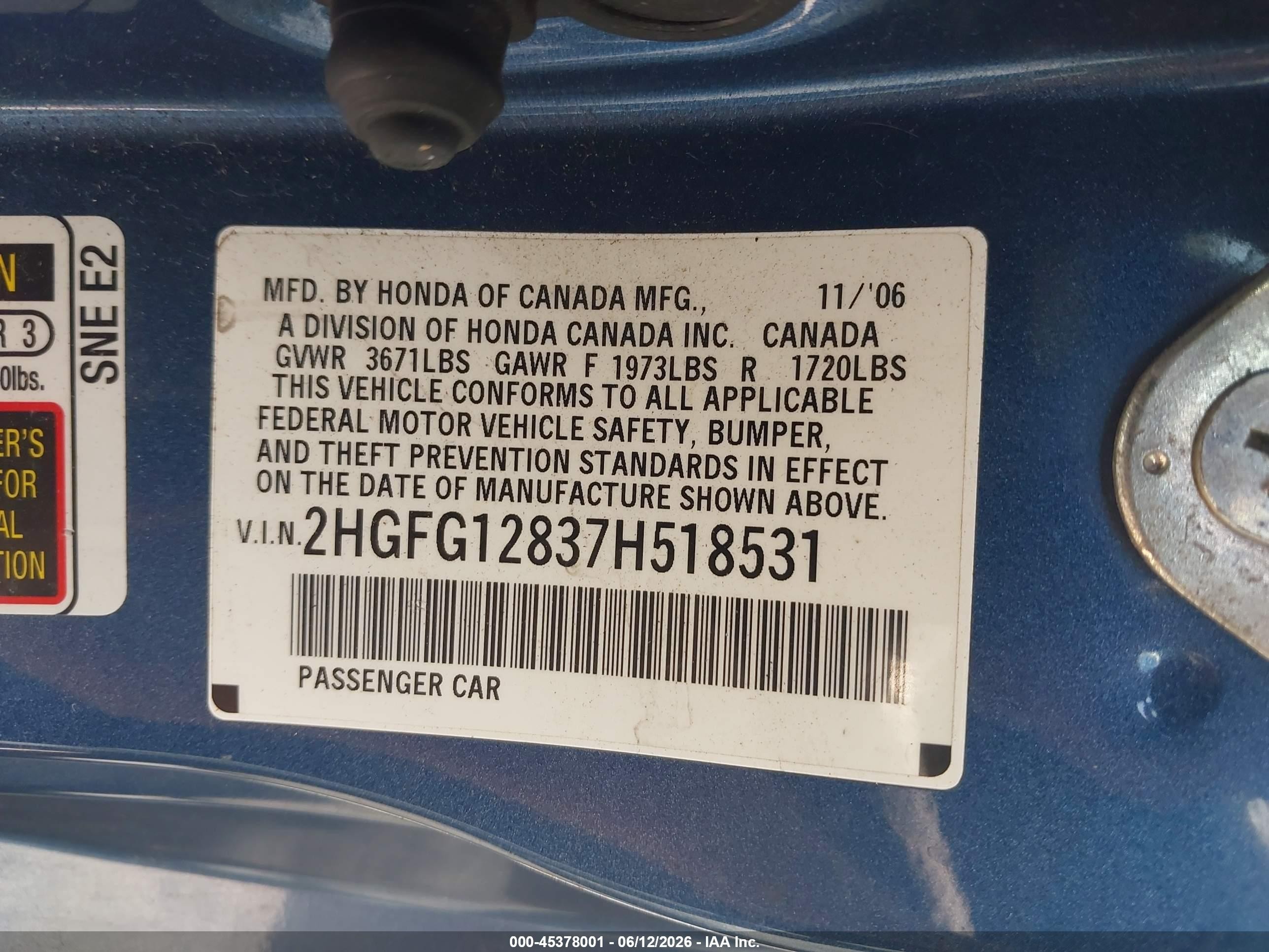 2007 Honda Civic Ex Blue vin: 2HGFG12837H518531